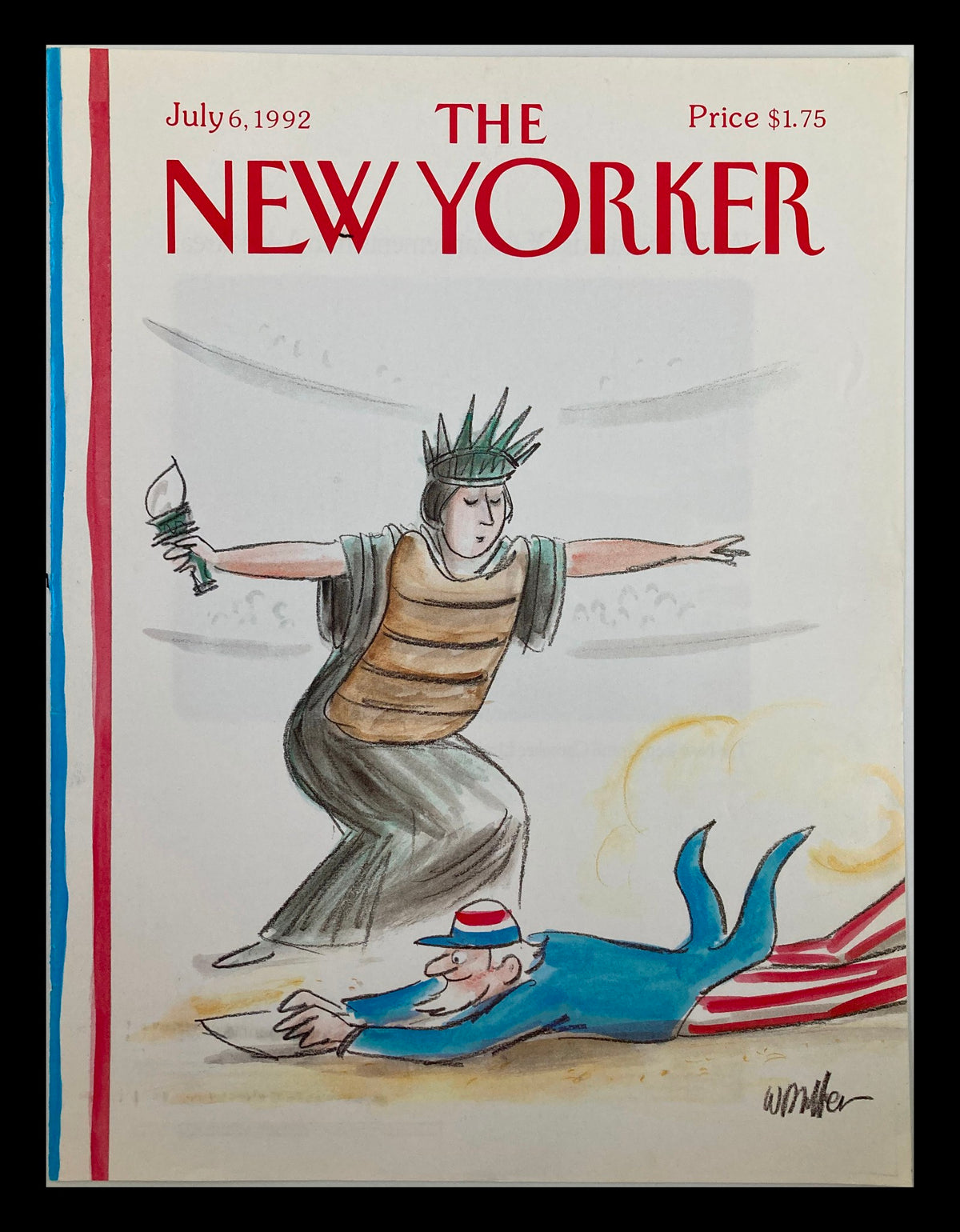 Cover of The New Yorker July 6, 1992, titled 'Touchdown America' by Warren Miller, featuring a cartoon of the Statue of Liberty and a sports figure in a humorous sports scene.
