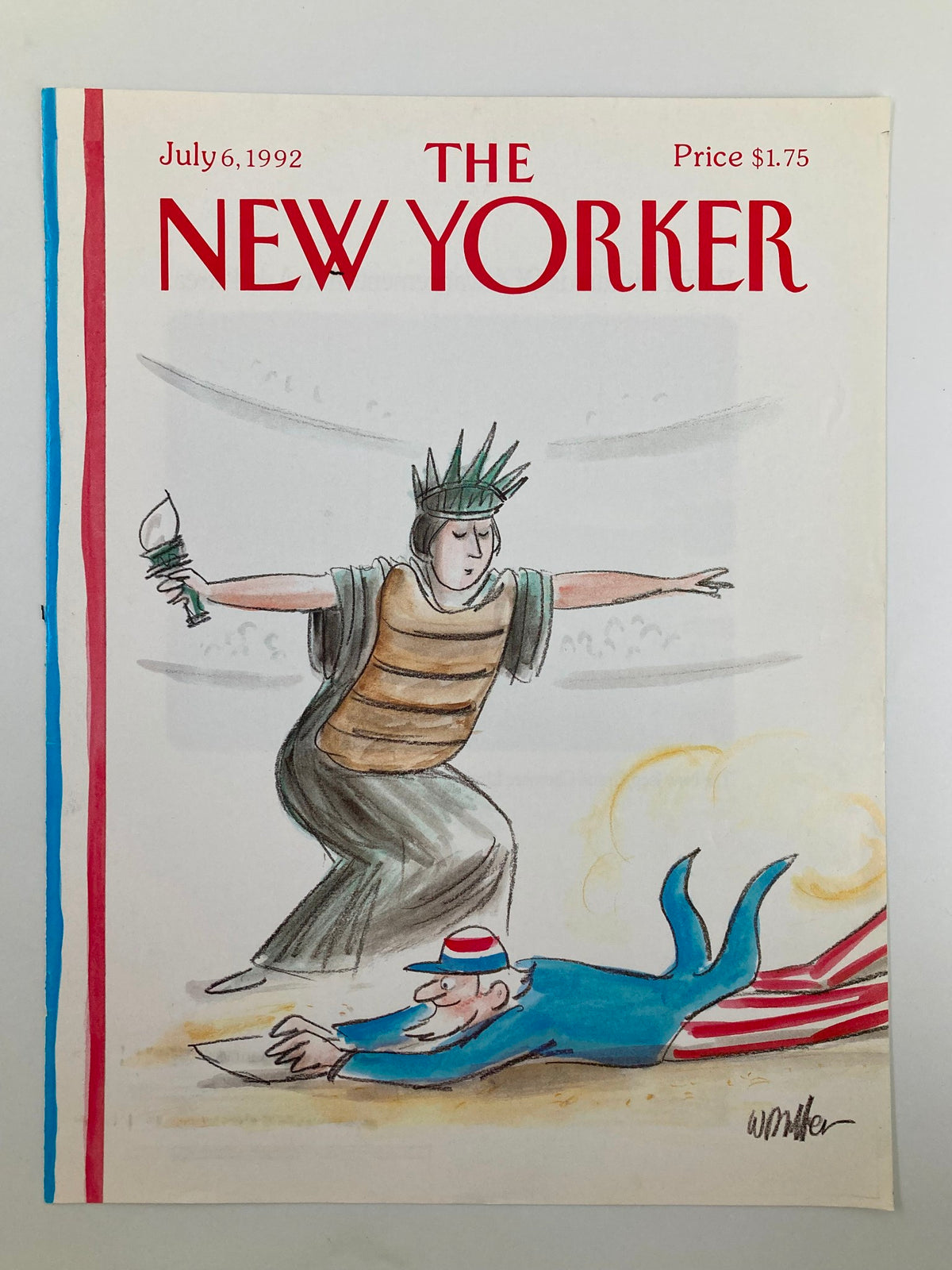Cover of The New Yorker July 6, 1992, titled 'Touchdown America' by Warren Miller, depicting a whimsical illustration with the Statue of Liberty and a man in a striped outfit engaged in a playful sports moment.