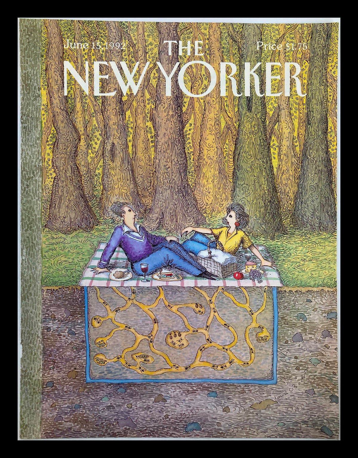 The New Yorker June 15, 1992 Ant Farm cover featuring whimsical artwork by John O'Brien, depicting two characters enjoying a picnic in a forest setting.