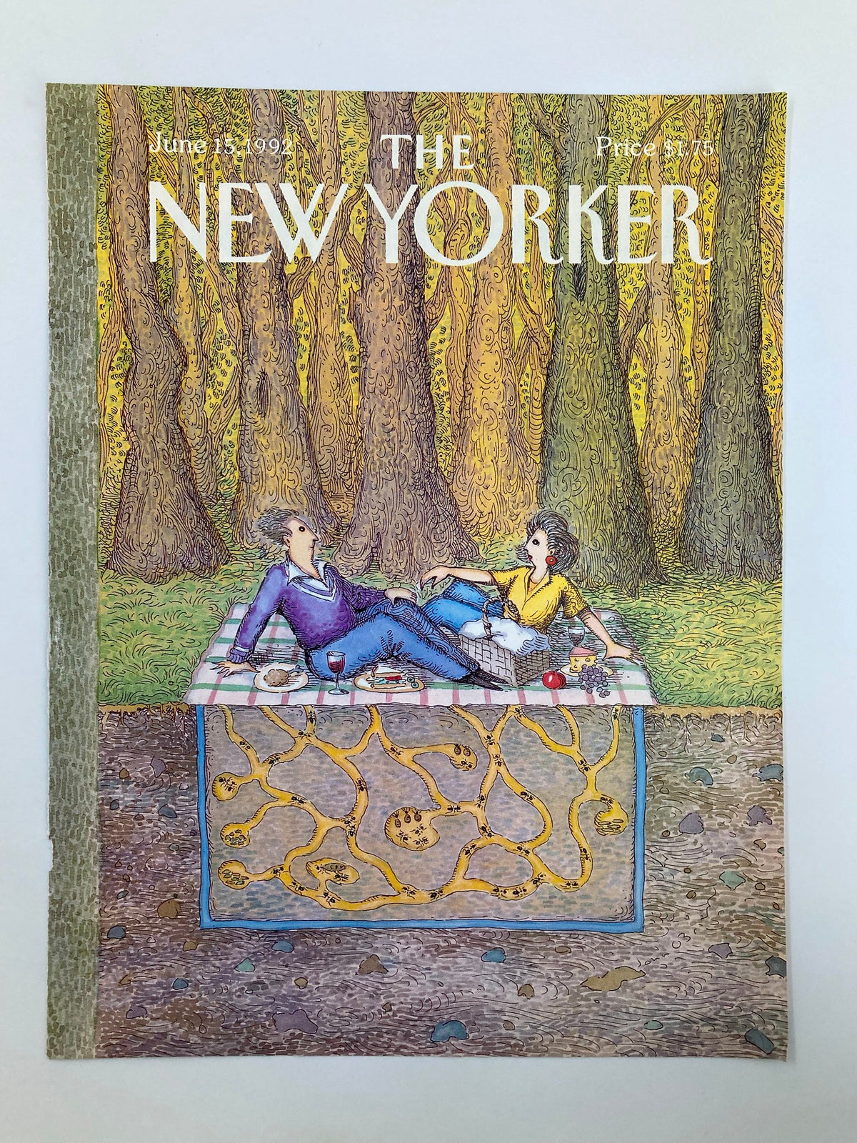 The New Yorker June 15, 1992 Ant Farm cover with vibrant illustration by John O'Brien, showcasing a serene picnic scene surrounded by tall trees.