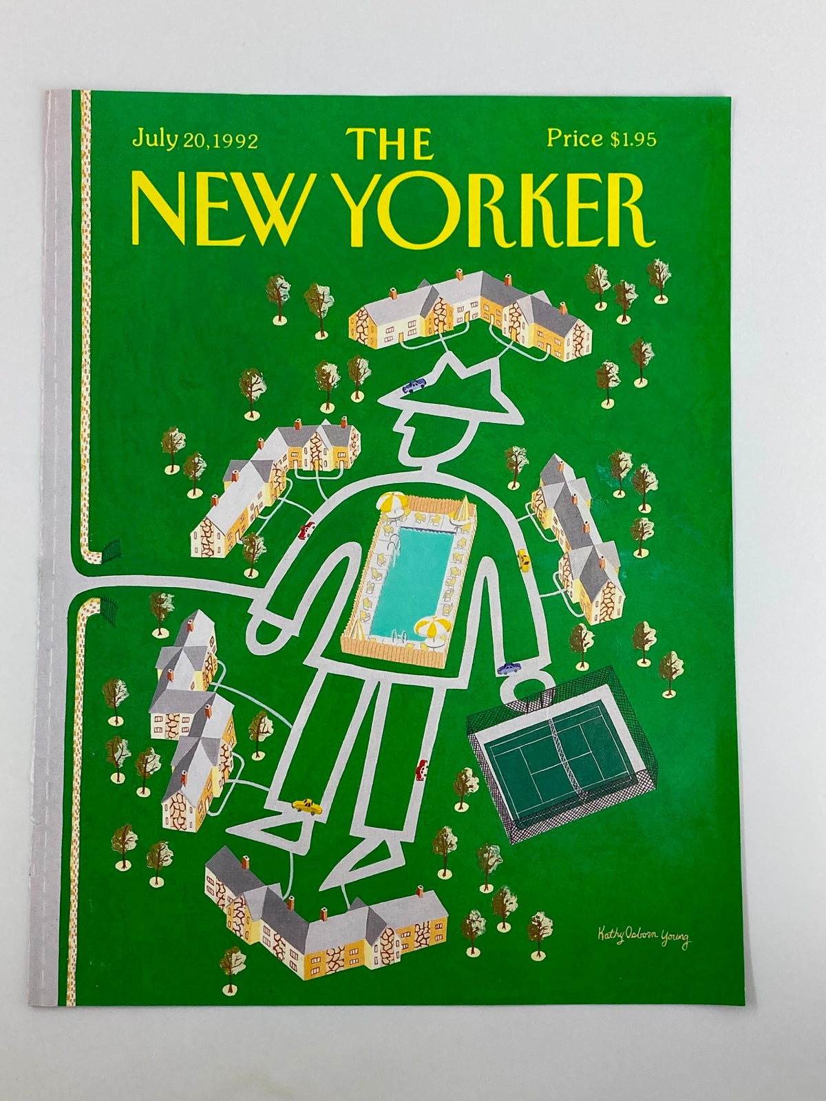 The New Yorker Cover July 20 1992 by Kathy Osborn Young, showcasing a vibrant green cover design with a whimsical human figure surrounded by residential features, reflecting artistic exploration of societal interaction in an urban setting.