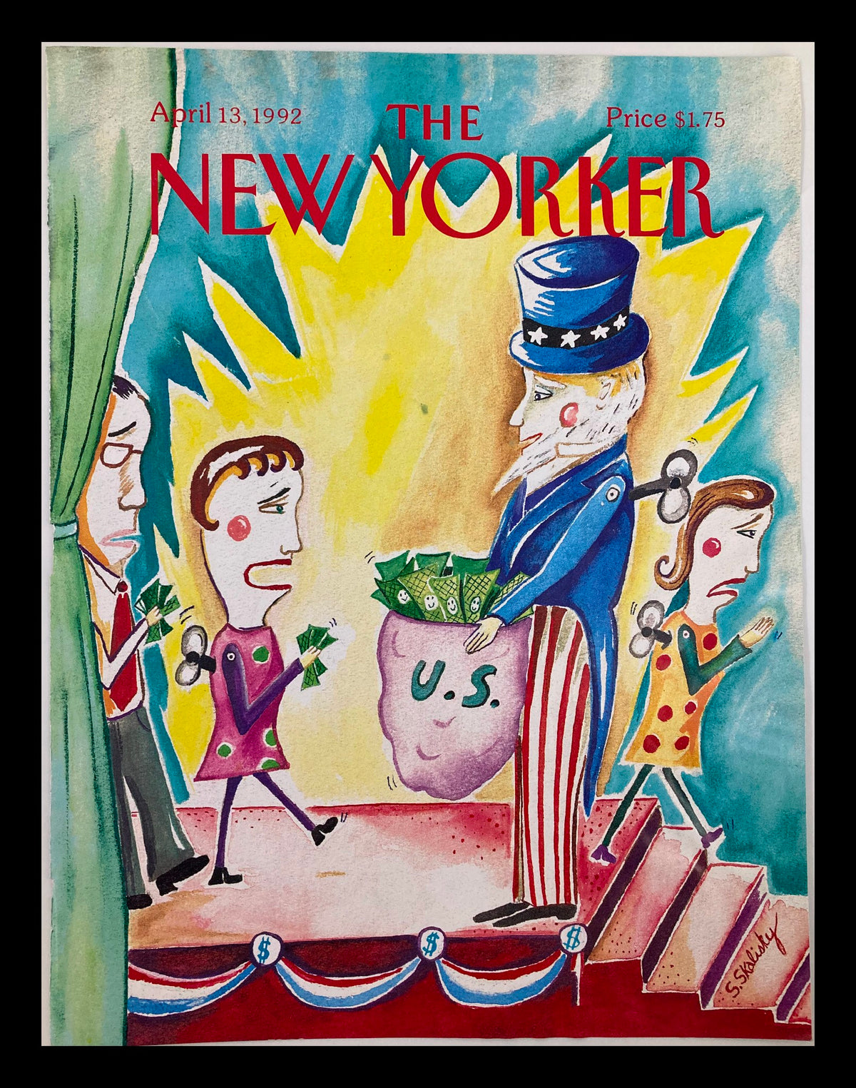 Cover of The New Yorker from April 13, 1992, titled 'Money Donation' by Stephanie Skalisky, featuring a colorful illustration with Uncle Sam holding a bag of money labeled 'U.S.' and various characters in a whimsical scene.