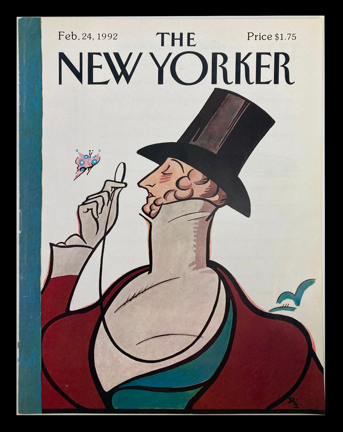 The New Yorker February 24 1992 cover featuring Eustace Tilley illustration by Rea Irvin. Classic design showcasing a whimsical character with a top hat and butterfly, perfect for collectors.
