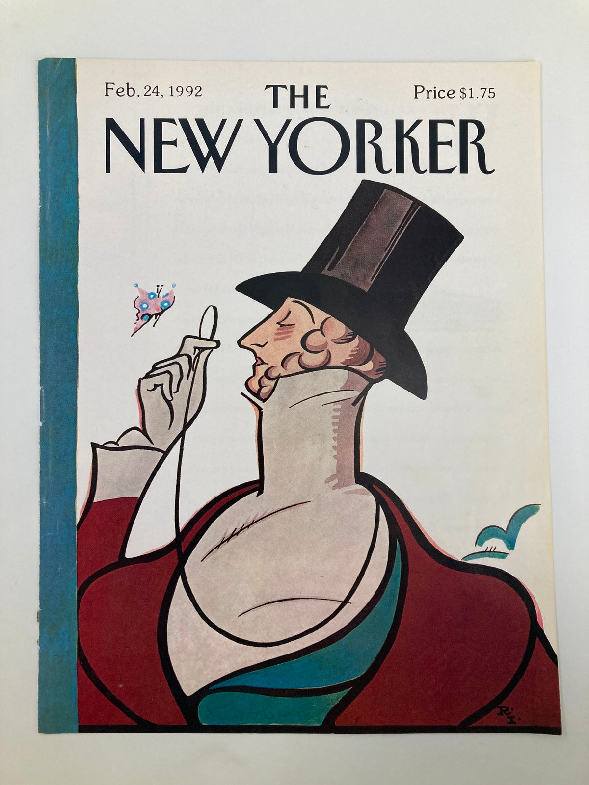 The New Yorker February 24 1992 cover with Eustace Tilley illustration. A vintage art piece by Rea Irvin, depicting a suave character in a top hat, ideal for art enthusiasts and home decor.