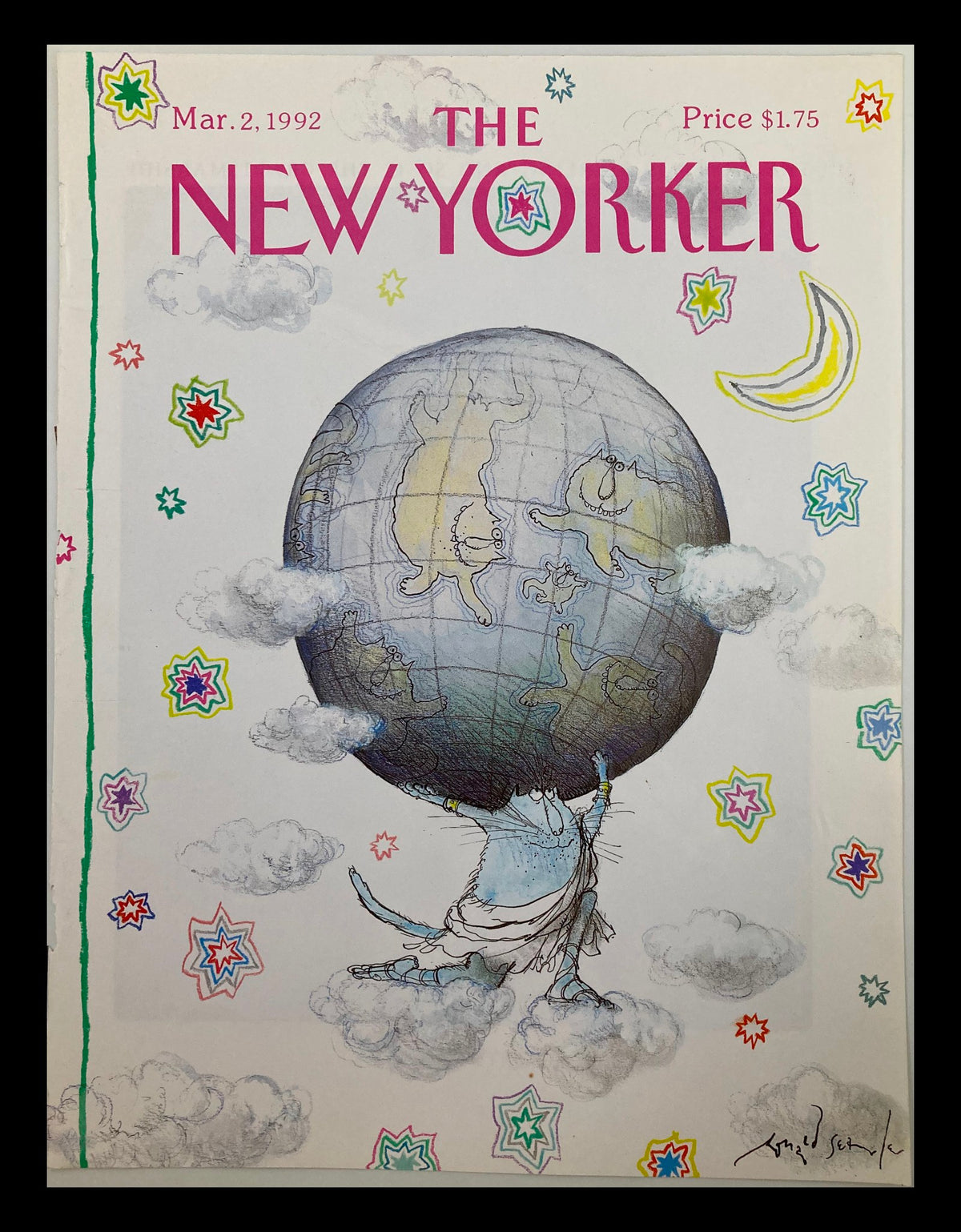 Cover of The New Yorker March 2, 1992, titled 'Planet of the Cats' by Ronald Searle. The illustration features a whimsical cat lifting the globe amidst colorful stars and clouds, showcasing a playful commentary on society.
