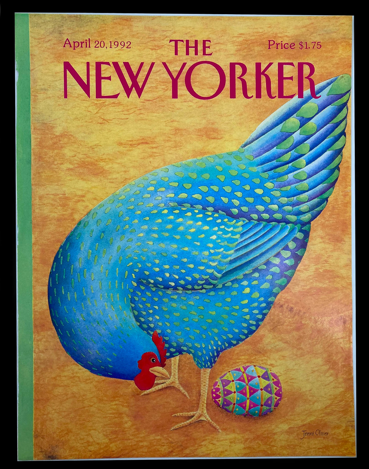 Cover only from The New Yorker, April 20, 1992, titled 'Chicken Lays Egg' by Jenni Oliver, featuring a whimsical blue chicken and an intricately decorated egg on a vibrant orange background.