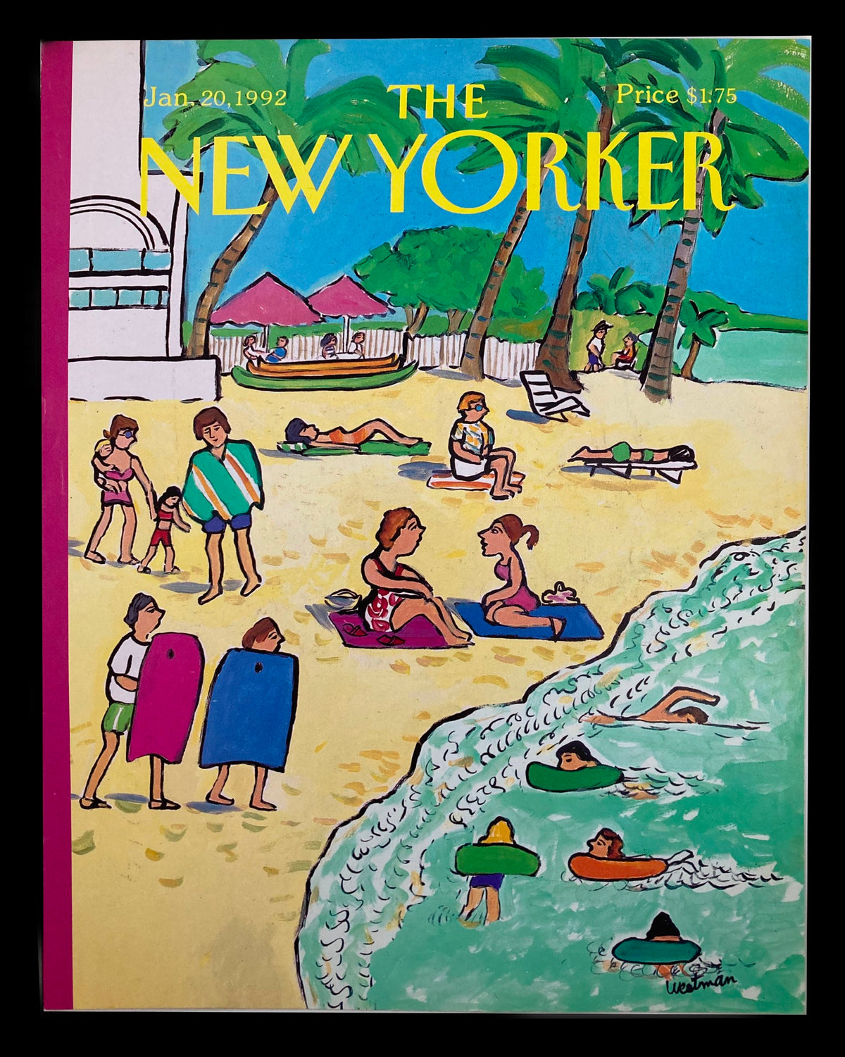 COVER ONLY The New Yorker January 20 1992 Beachgoers by Barbara Westman featuring a vibrant beach scene with people enjoying the sun and water, ideal for art lovers and collectors.