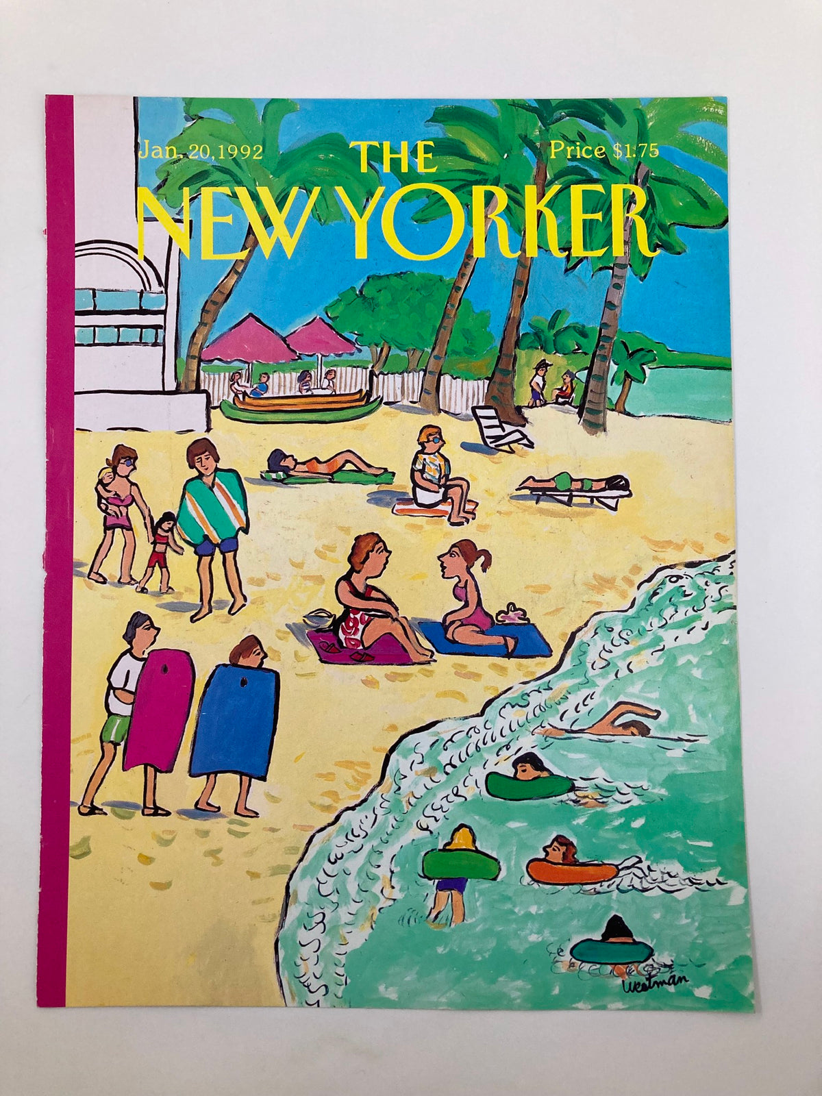 The New Yorker January 20 1992 cover featuring 'Beachgoers' by Barbara Westman, showcasing a lively beach with sunbathers, surfers, and palm trees under a bright blue sky.