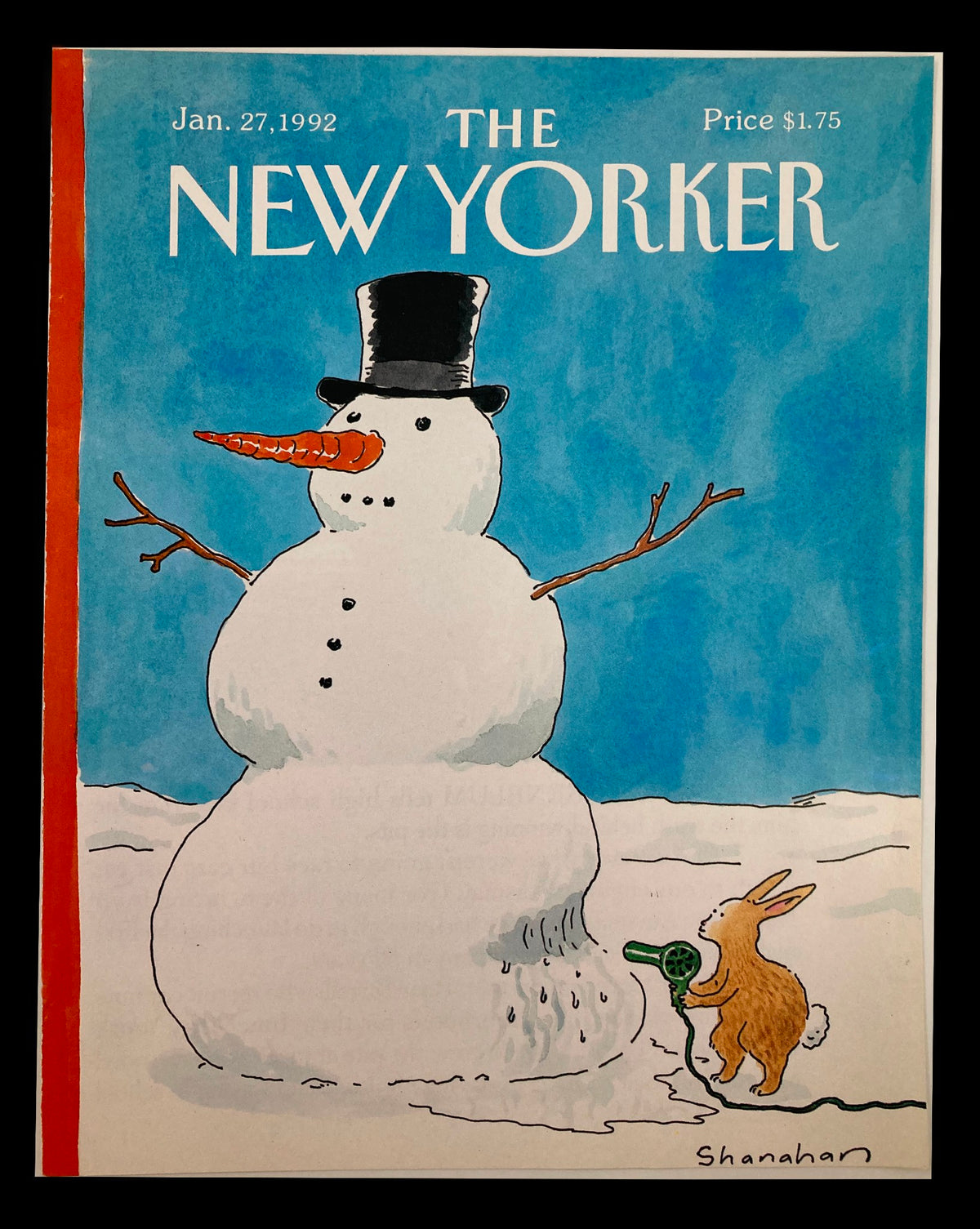 COVER ONLY The New Yorker January 27 1992 featuring whimsical melting snowman illustration by Danny Shanahan, with a rabbit using a hairdryer to prevent it from melting.
