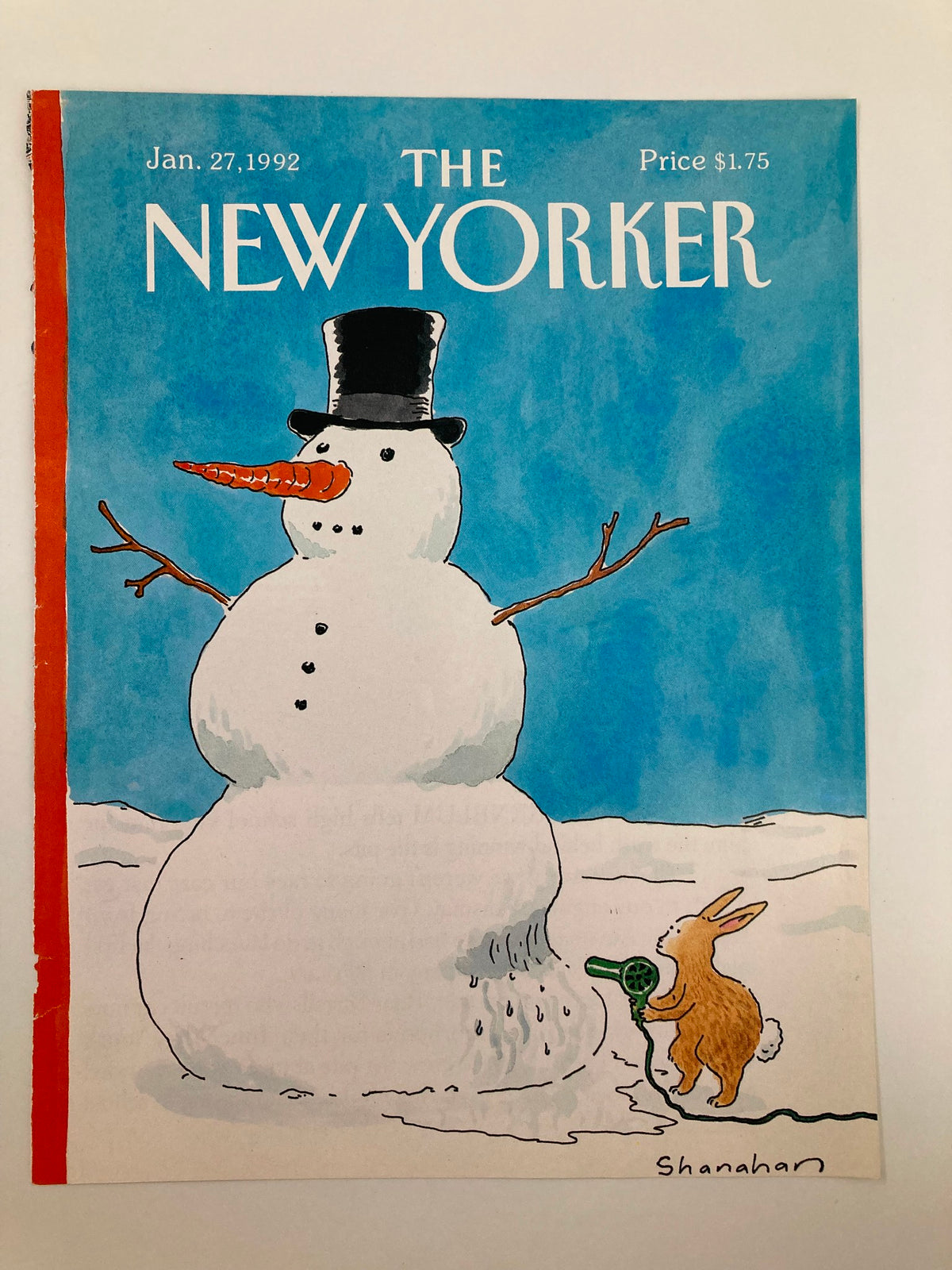 COVER ONLY The New Yorker January 27 1992 showcasing a charming snowman and rabbit, designed by Danny Shanahan, depicting a playful scene of winter nostalgia.