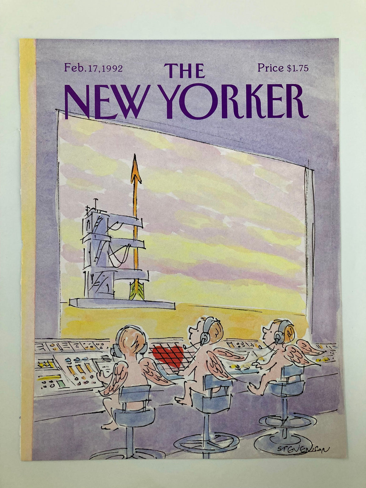 The New Yorker Cover February 17 1992 'Cupids In Charge' showcasing playful angelic figures operating controls, with colorful background by James Stevenson.