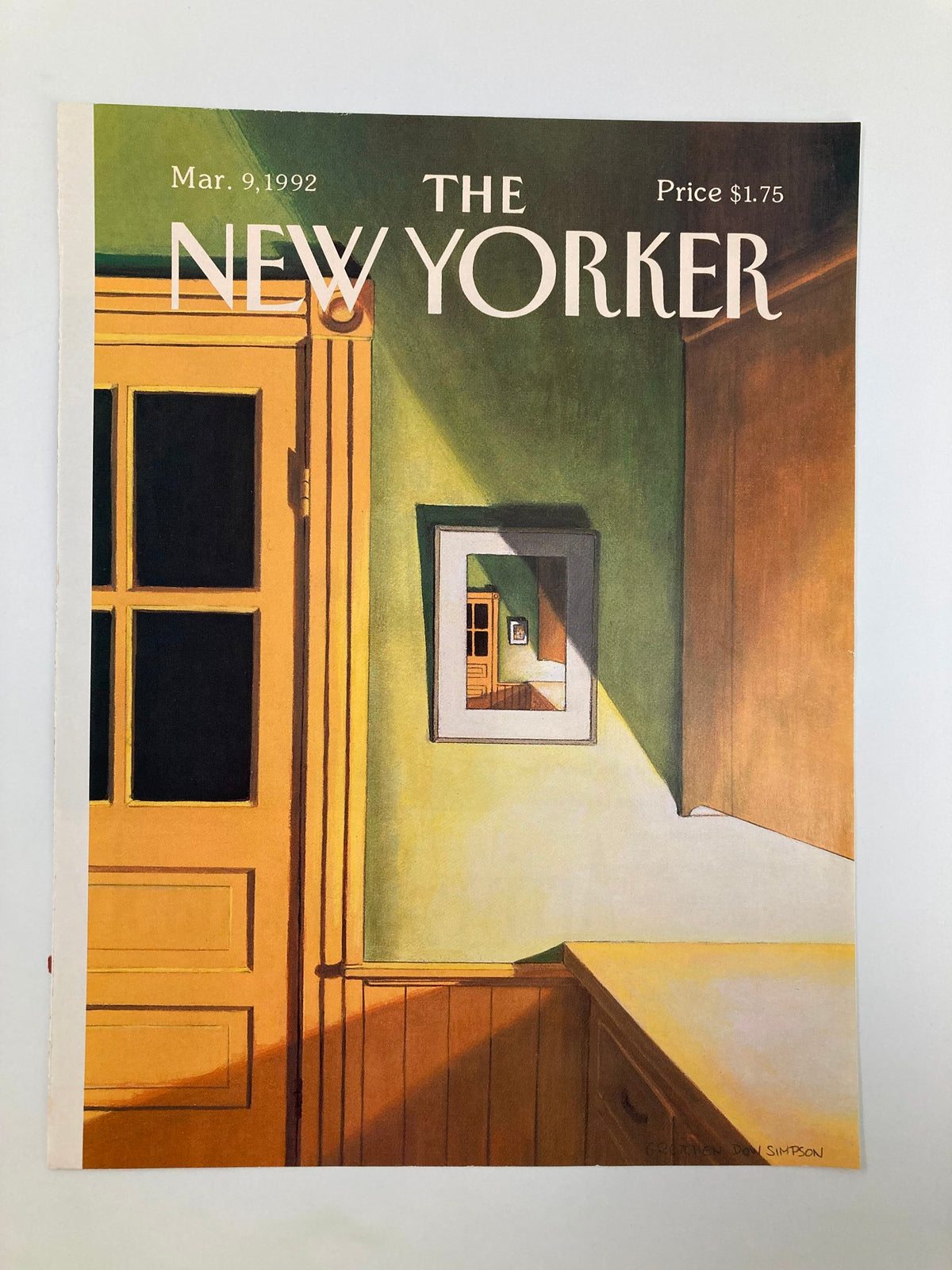Cover of The New Yorker March 9 1992 titled 'Great Illusion' by Gretchen Dow Simpson, showcasing an illustration of a yellow door and a mirror within a well-lit interior setting.