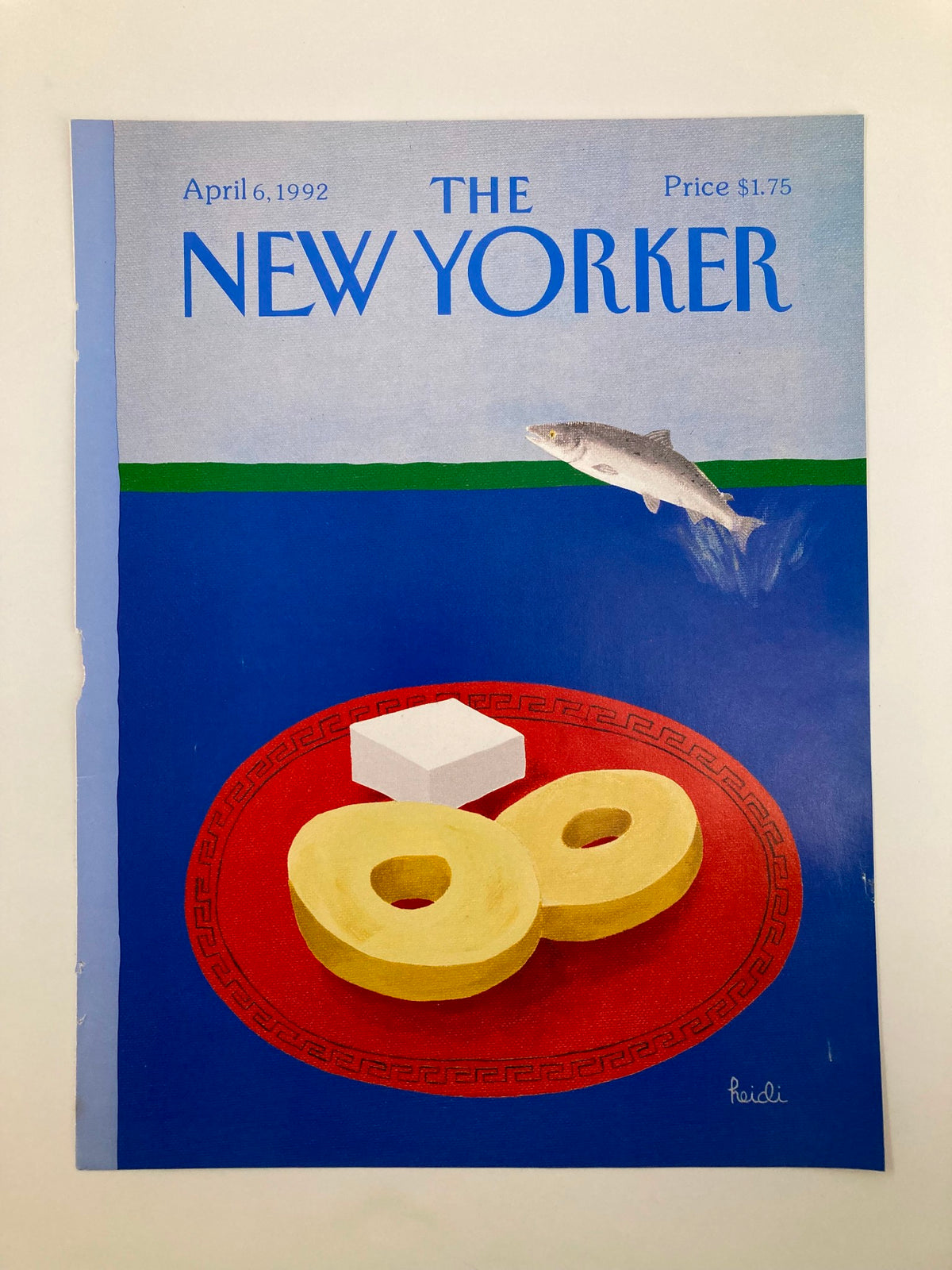COVER ONLY The New Yorker April 6 1992 featuring a bold design with a bass fish, doughnut-like food, and white cubes against a blue background.