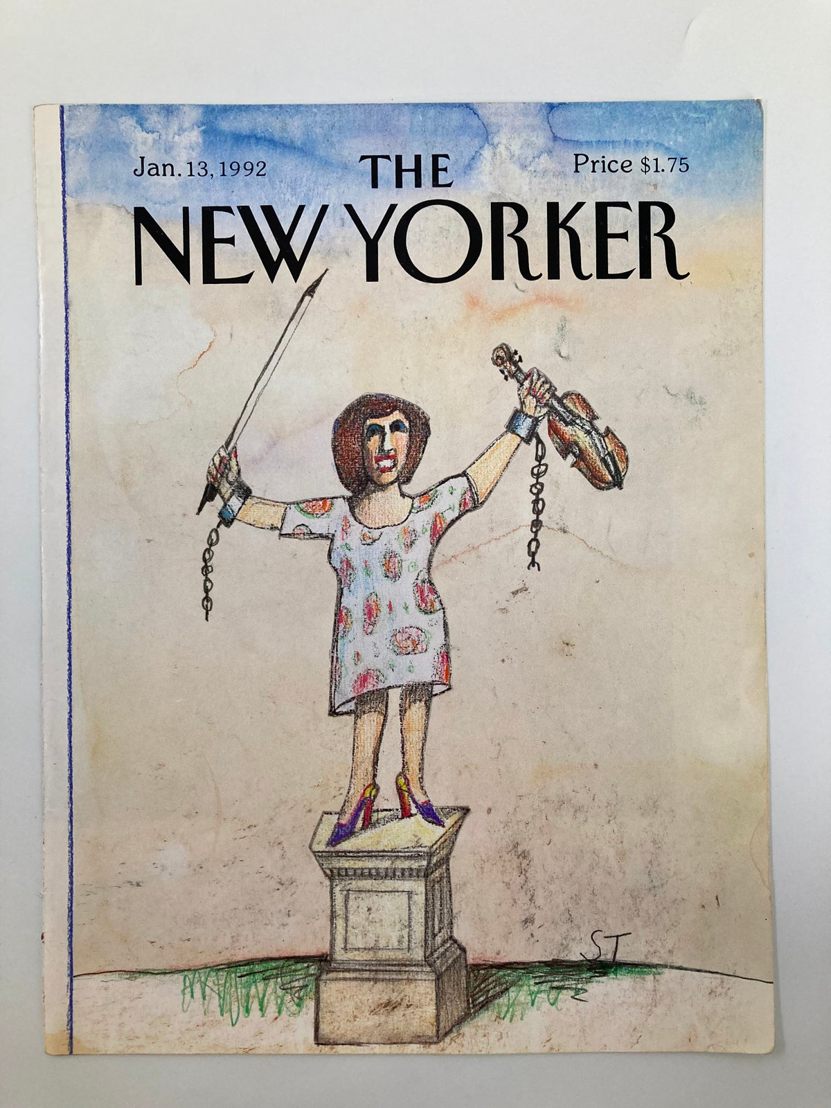 Cover only The New Yorker January 13 1992 by Saul Steinberg, showcasing a whimsical illustration of a figure on a statue holding a violin and chains, symbolizing creative freedom in music.