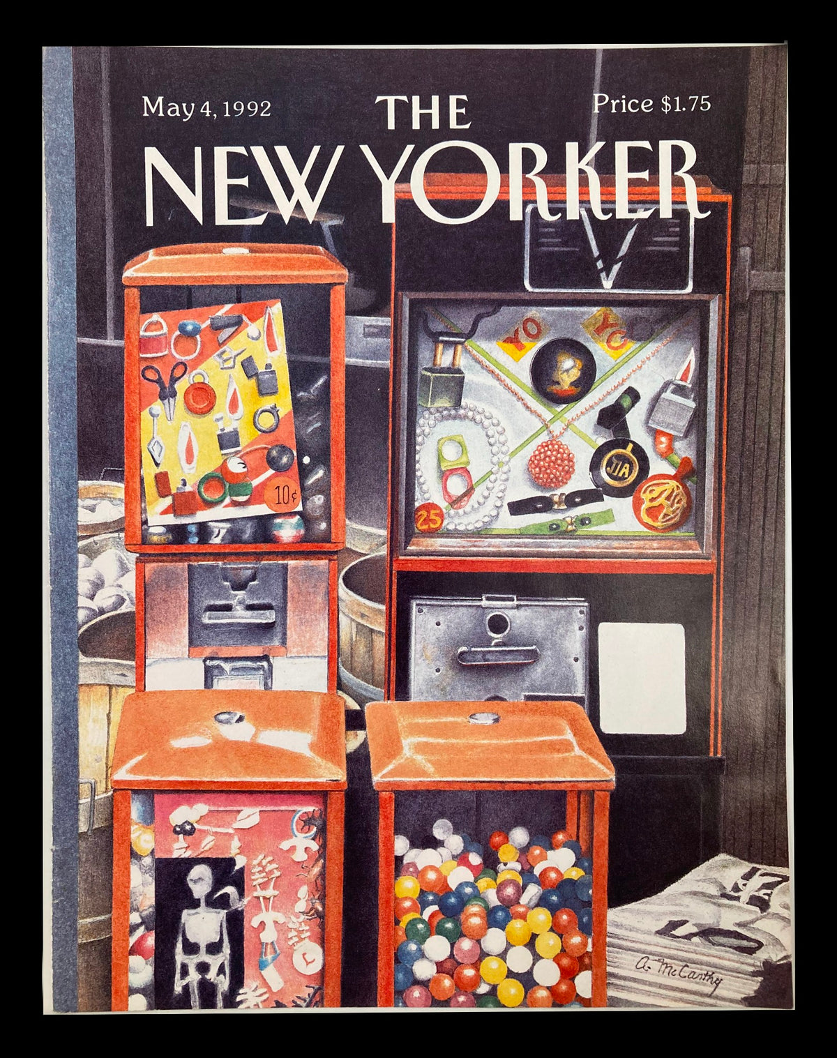 The New Yorker May 4 1992 cover featuring the artwork 'Pick A Price' by Ann McCarthy, showcasing colorful vending machines filled with various items.
