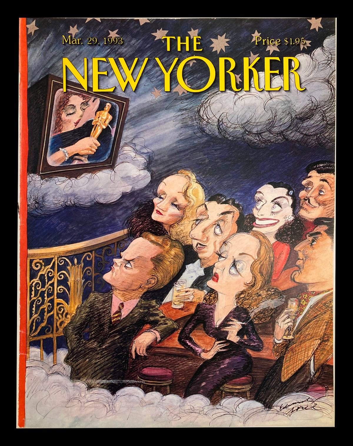 The New Yorker cover March 29, 1993, featuring the artwork 'The Oscar Goes To' by Edward Sorel, depicting an audience captivated by an award ceremony.