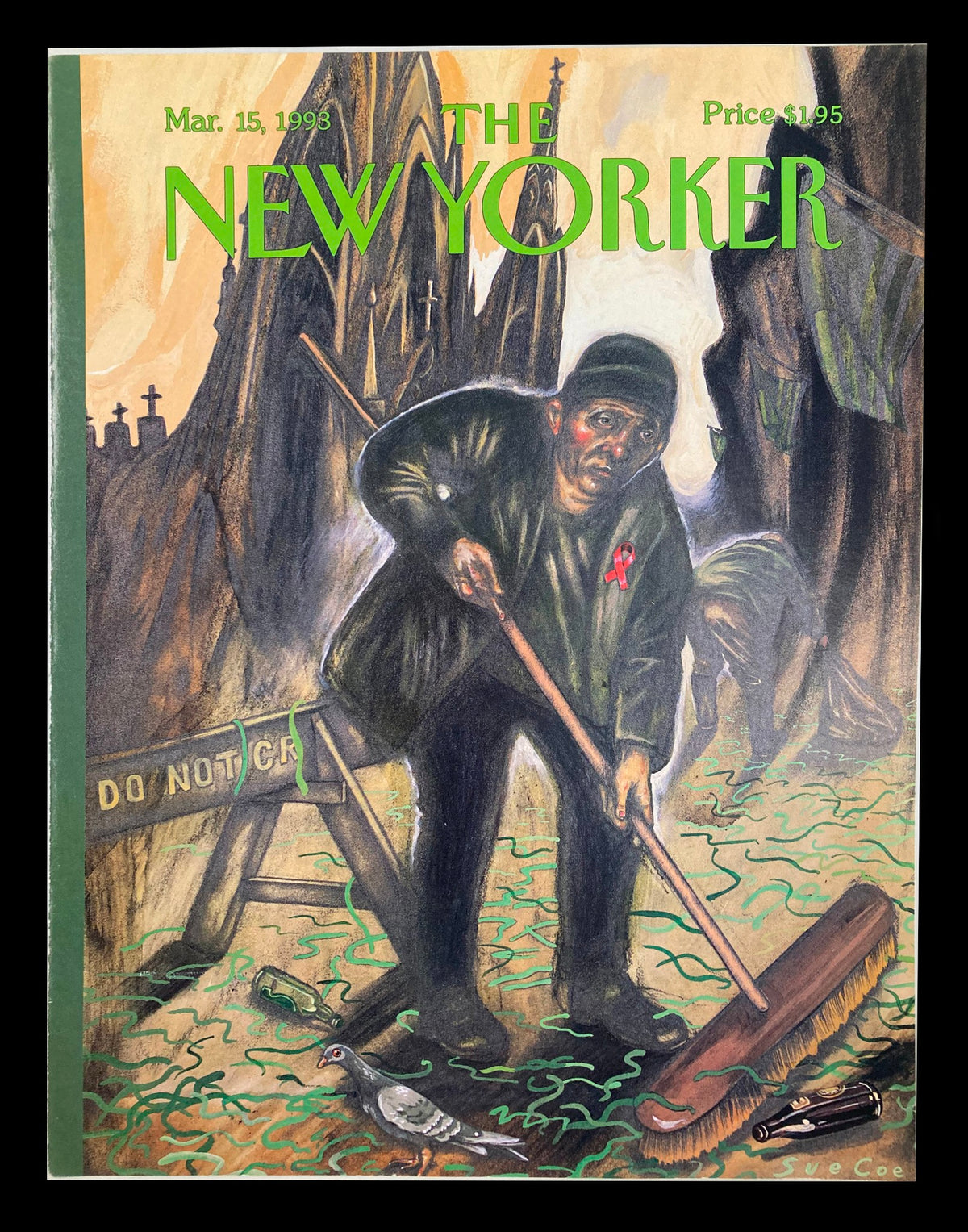 The New Yorker March 15, 1993 cover featuring artwork 'Do Not Cry' by Sue Coe, depicting a figure sweeping amidst a haunting background with a solemn message.