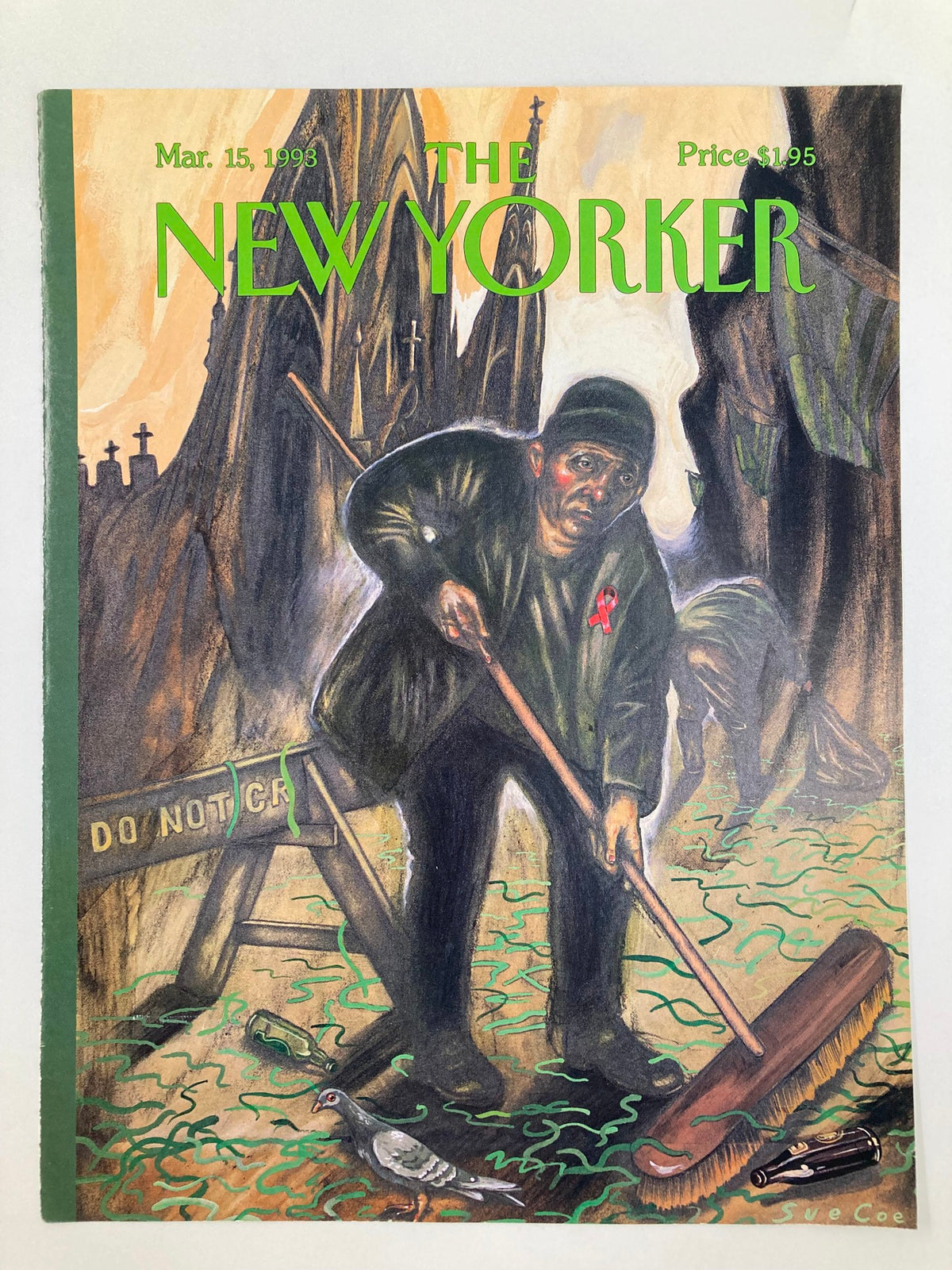 Cover of The New Yorker magazine from March 15, 1993, featuring the artwork 'Do Not Cry' by Sue Coe, depicting a man sweeping among a haunting background, surrounded by elements of decay.