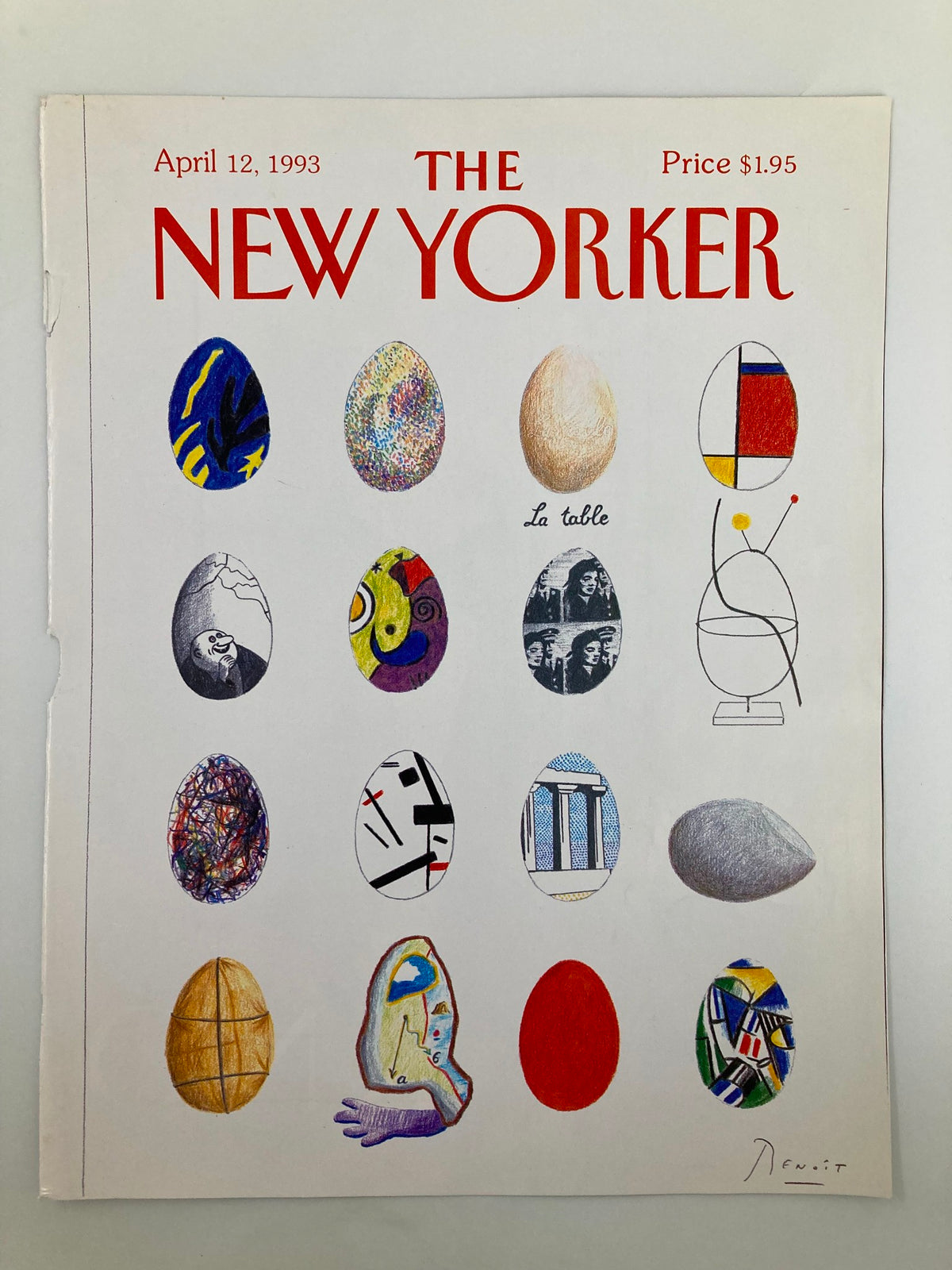 The New Yorker magazine cover dated April 12 1993, named 'La Table Le Eggs' showcasing a collection of uniquely designed eggs in vibrant colors.