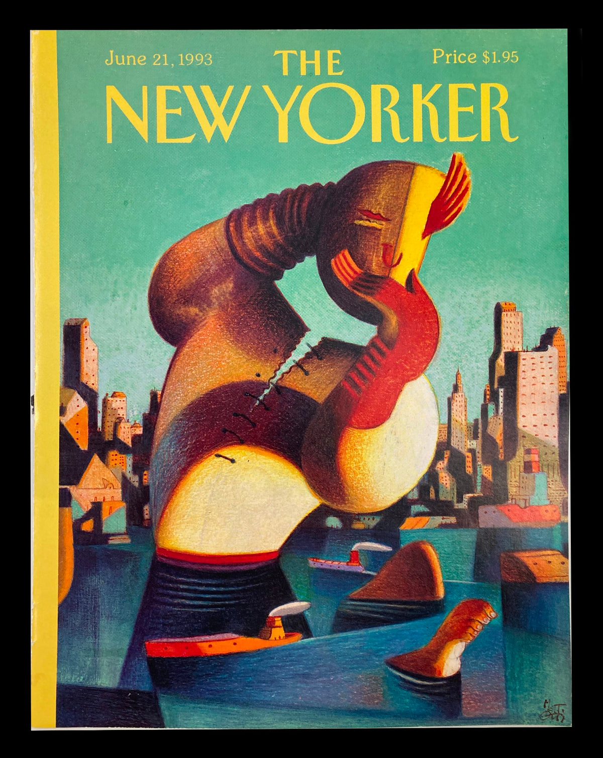 COVER ONLY The New Yorker June 21 1993, featuring the striking cover art 'Manhattan Rising' by Lorenzo Mattotti, depicting a vibrant cityscape with abstract figures and boats in the water, embodying the essence of New York City life.