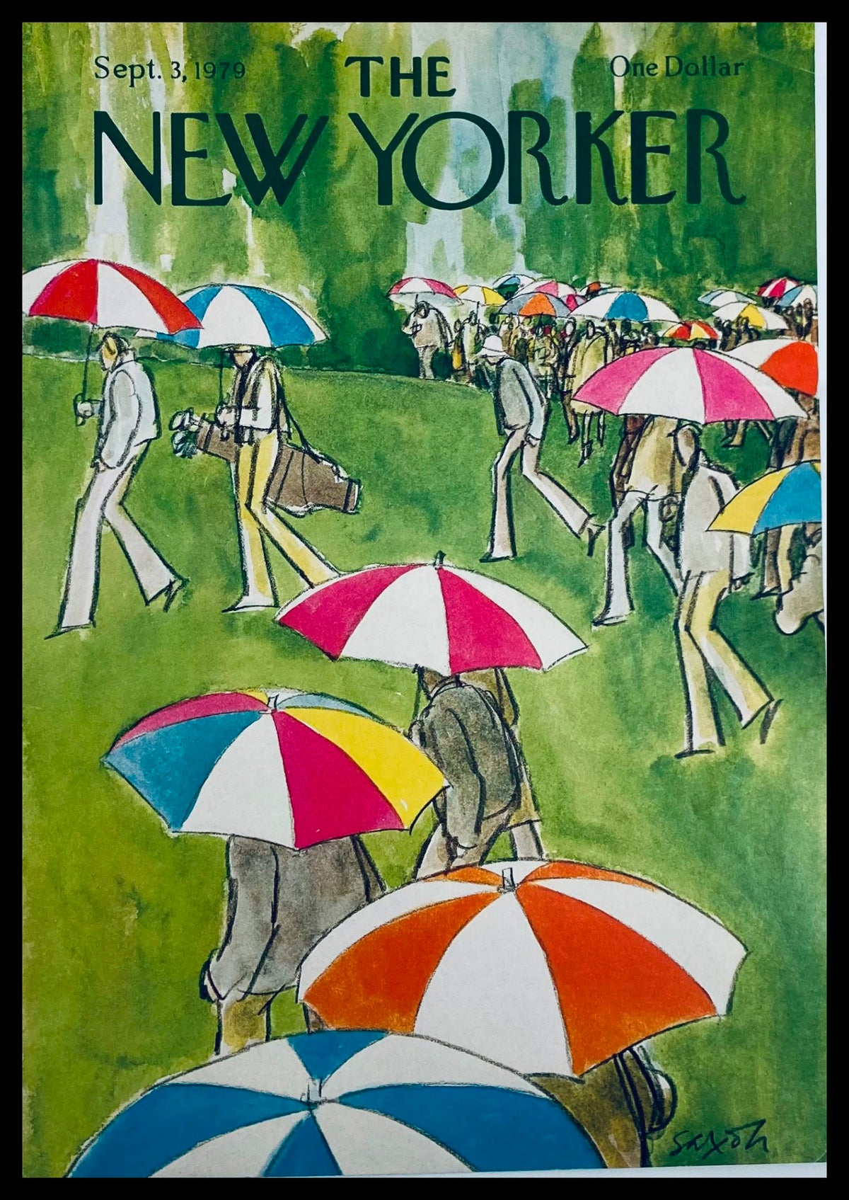 COVER ONLY The New Yorker September 3 1979 Umbrellas by Charles Saxon, featuring a vibrant illustration of people walking with colorful umbrellas in a green setting.