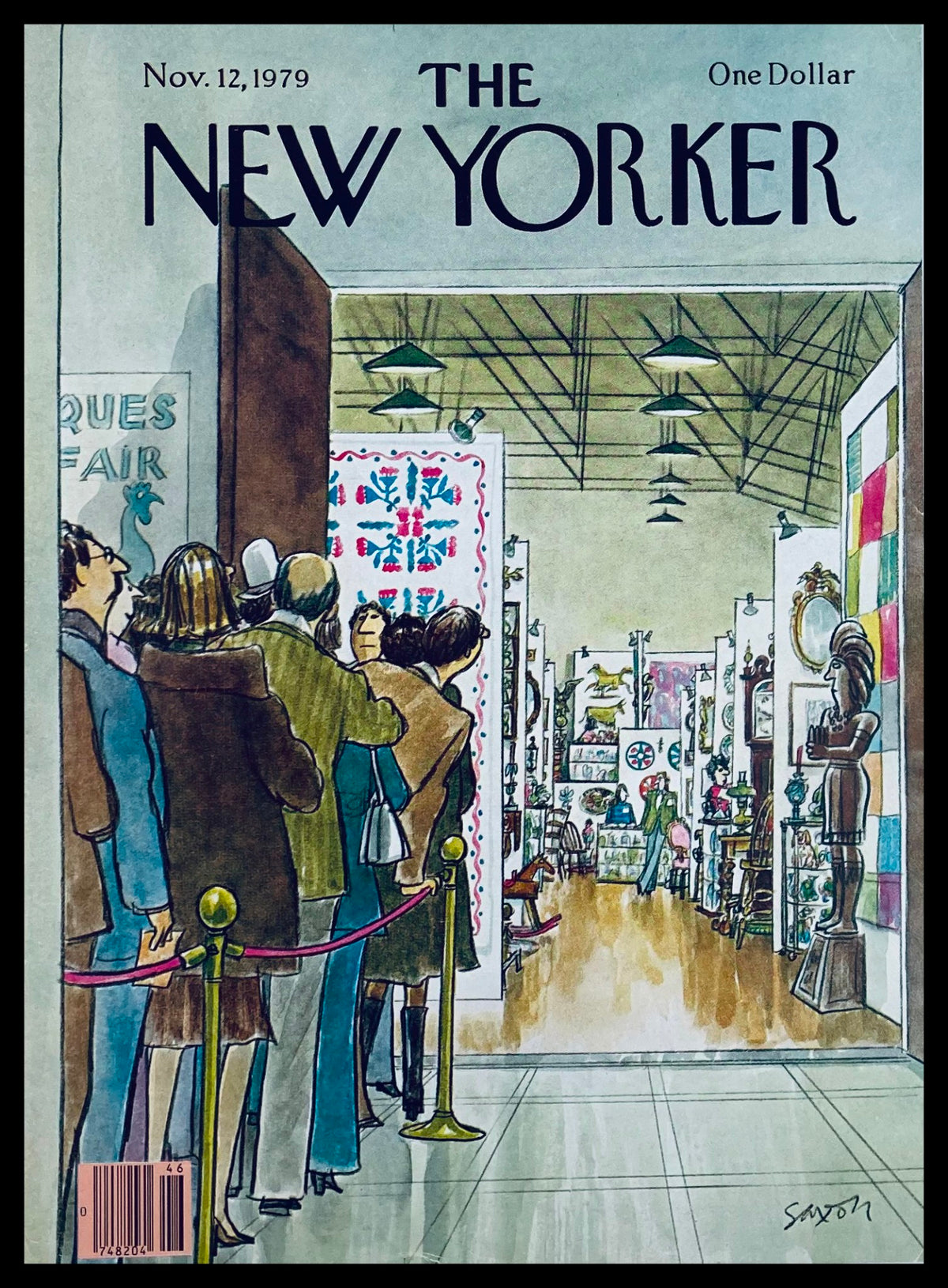 COVER ONLY The New Yorker November 12 1979 featuring an art show, illustrated by Charles Saxon, depicting a line of people at an exhibit with various artworks and sculptures.