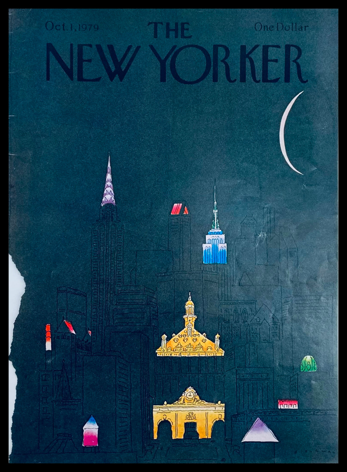 Cover of The New Yorker dated October 1, 1979, featuring a distinctive illustration by Art Blechman with iconic New York City landmarks, showcasing a vibrant color palette and art style reflective of the late '70s.
