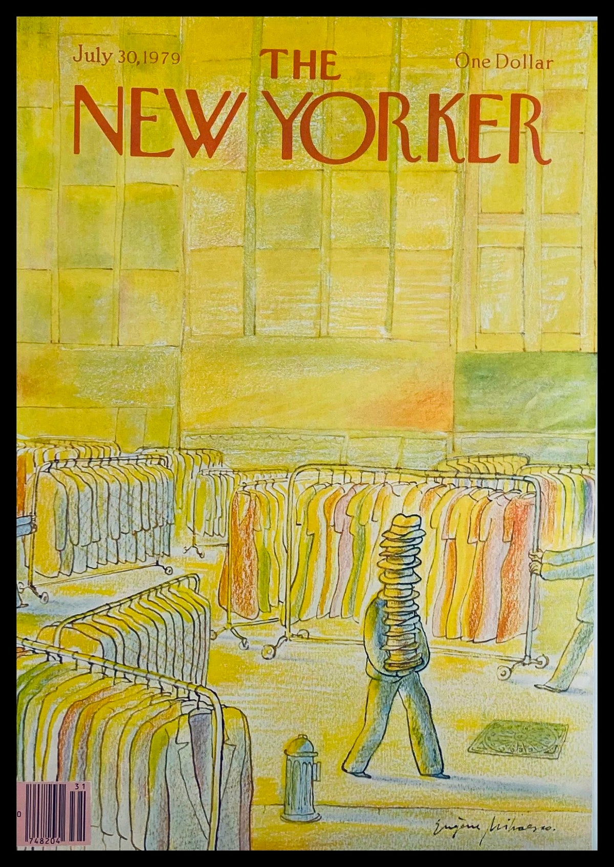 Cover of The New Yorker dated July 30, 1979 featuring 'Handfull of Hats' by Eugene Mihaesco, showcasing a whimsical scene of clothing racks with a figure balancing a stack of hats.