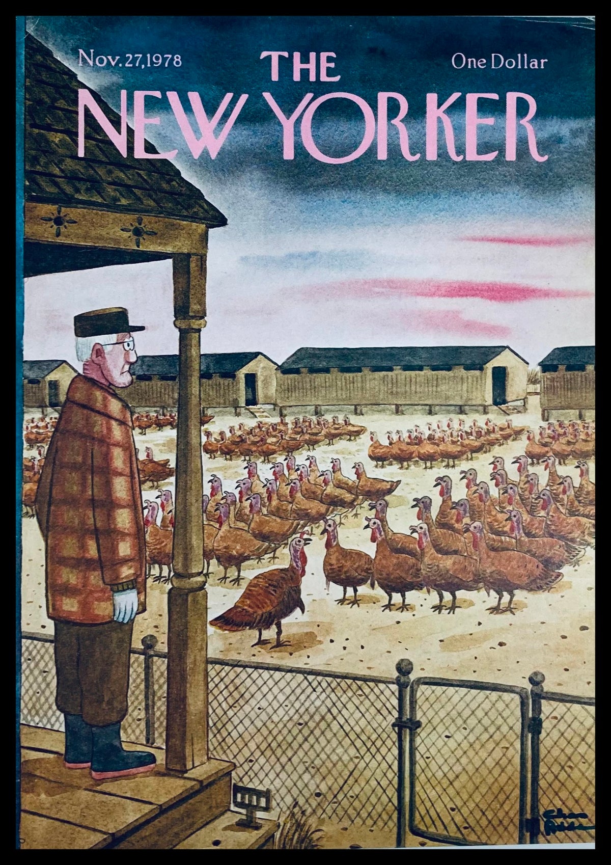 Cover of The New Yorker dated November 27, 1978, featuring an illustration titled 'The Turkey Farm' by Chas Addams, depicting a man in a plaid coat observing a farm filled with turkeys.