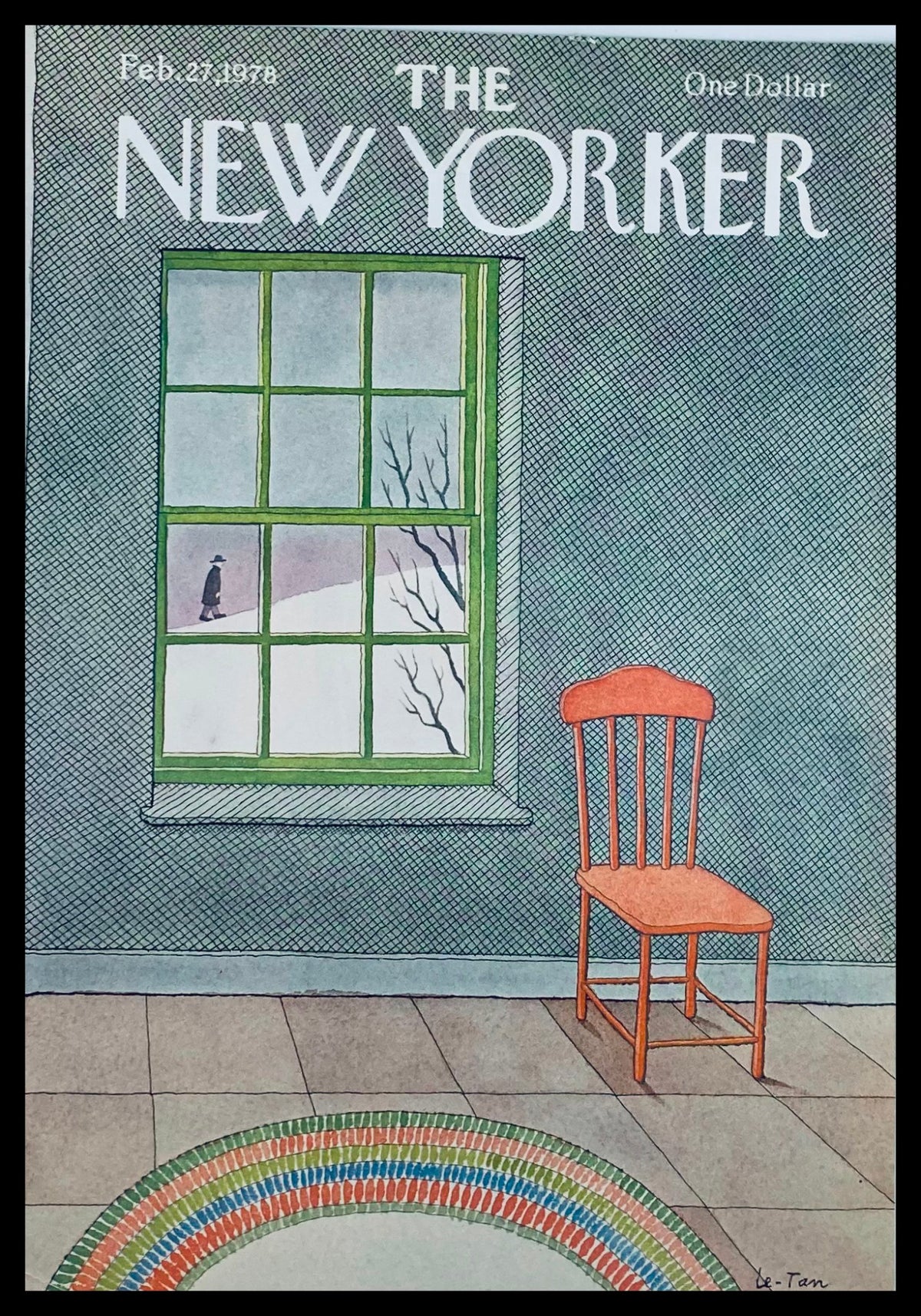 Cover of The New Yorker dated February 27, 1978, featuring artwork titled 'Through The Window' by Pierre Le-Tan, depicting a cozy room with a single chair, colorful rug, and a view of a snowy landscape through a green-framed window.