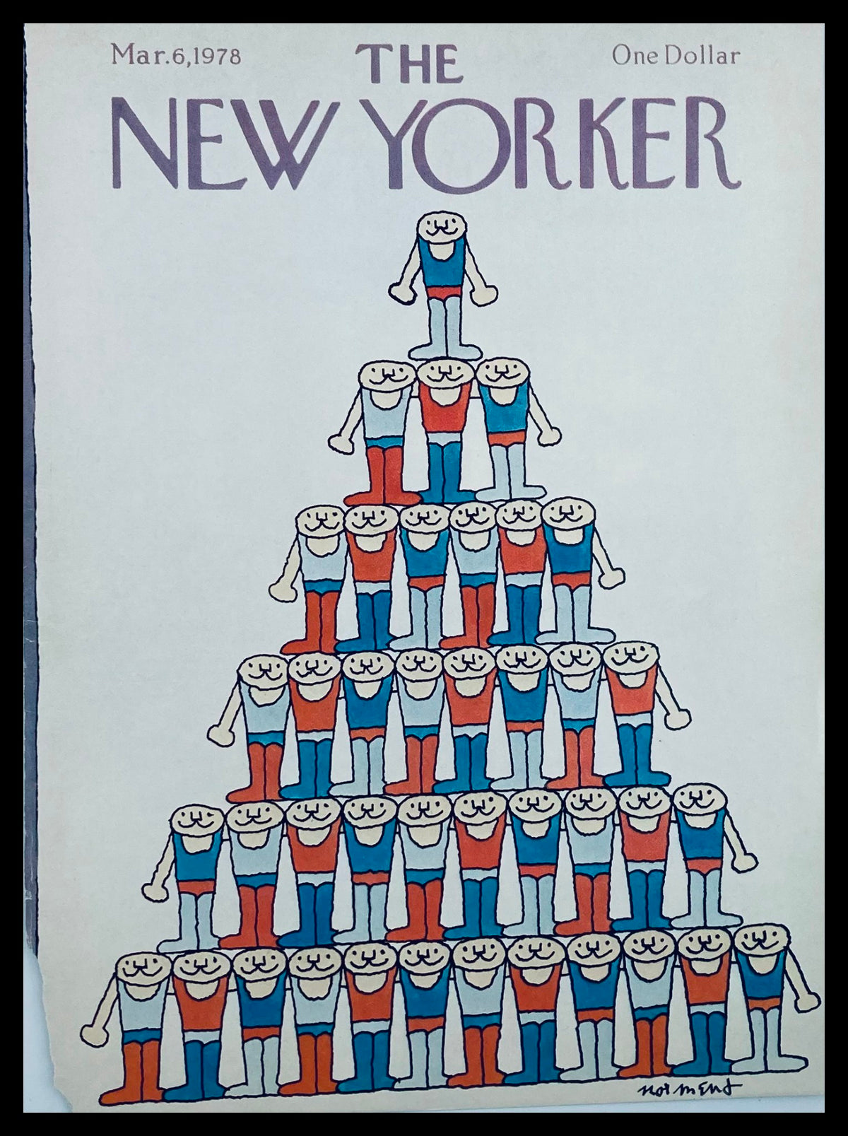 The New Yorker March 6 1978 cover art titled 'Teamwork' by John Norment featuring colorful illustrations of playful characters in a pyramid formation.