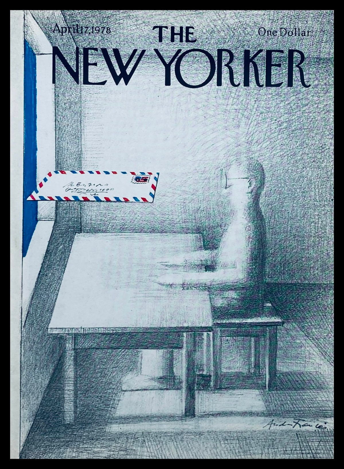 Cover of The New Yorker, April 17, 1978, titled 'Mail Man' by Andre Francois, featuring an artistic depiction of a figure at a table with an envelope.