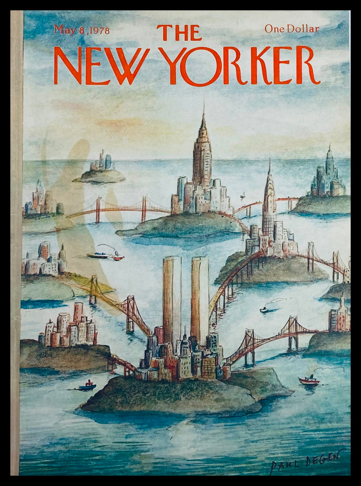 COVER ONLY The New Yorker May 8 1978 featuring artwork by Paul Degen, showcasing a vibrant illustration of Manhattan Island with iconic skyscrapers and bridges.