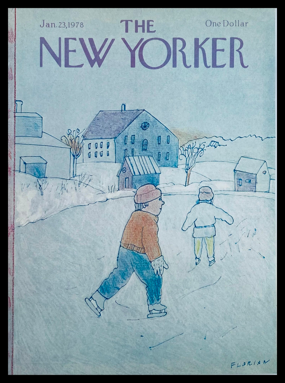 Cover of The New Yorker, January 23, 1978 featuring the illustration 'Play in the Snow' by Douglas Florian, depicting children playing in a snowy landscape.