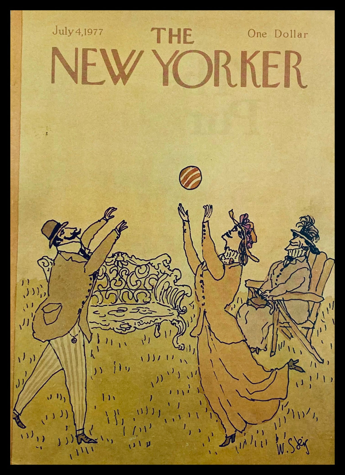 Cover of The New Yorker July 4 1977, titled 'Out on the Field', illustrated by William Steig, depicting a whimsical outdoor scene with characters playing ball.