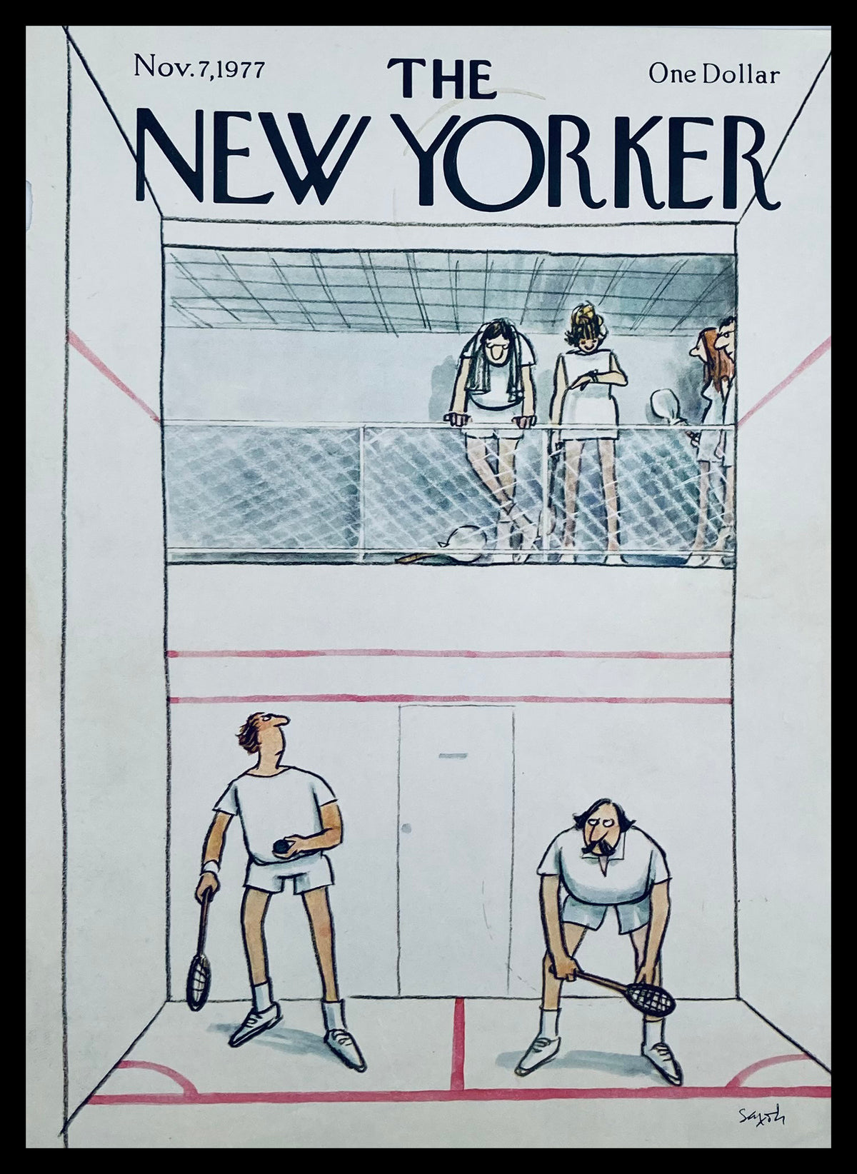 Cover of The New Yorker dated November 7, 1977, featuring Playball artwork by Charles Saxon, depicting two men playing squash with spectators above.