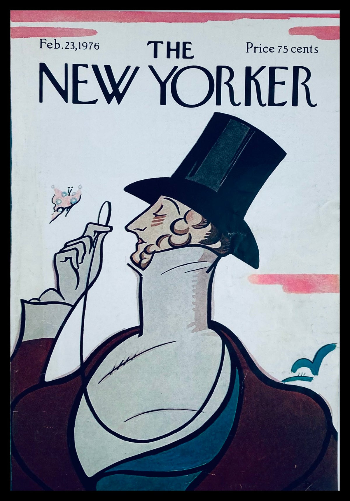 COVER ONLY The New Yorker February 23 1976 Gamemaster Tilley by Rea Irvin featuring a stylish depiction of a gentleman in a top hat, showcasing vibrant colors and artistic design.