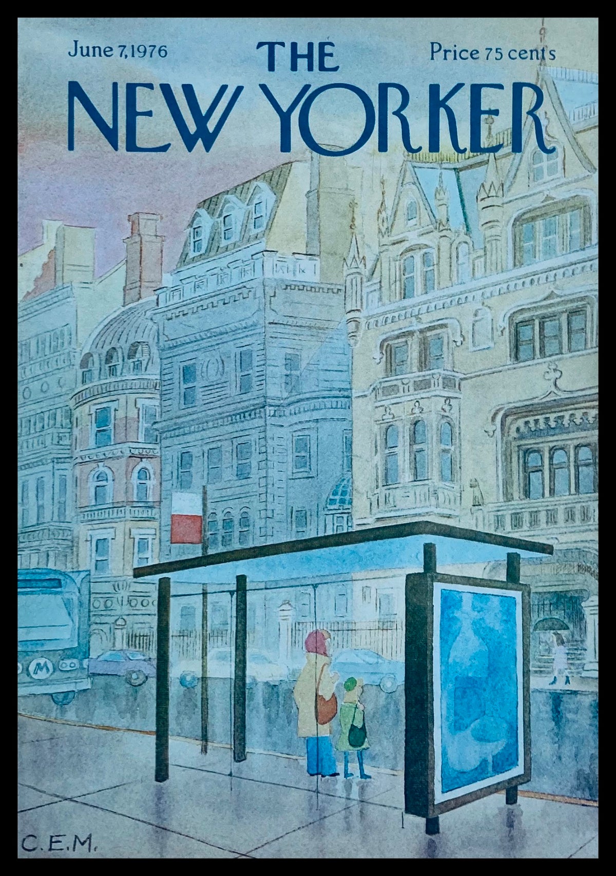 The New Yorker Cover June 7 1976 featuring 'Bus Shed' artwork by Charles E. Martin, showcasing a city street scene with a bus stop and two figures, one adult and one child waiting, illustrative buildings in the background.
