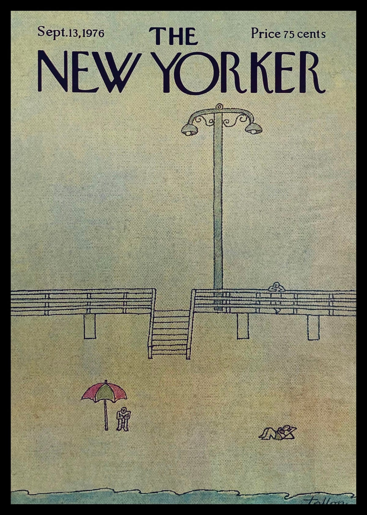 Cover of The New Yorker September 13, 1976 featuring 'Off Shore' artwork by Robert Tallon, showcasing a seaside scene with a beach umbrella and figures on a pier.
