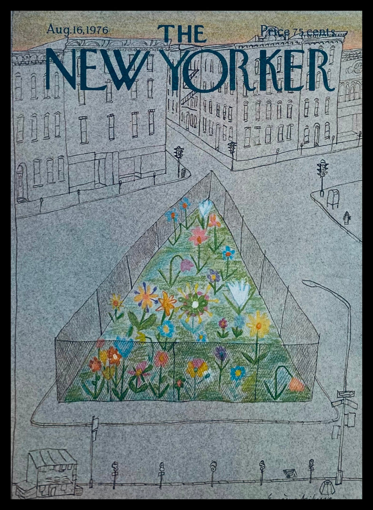 The New Yorker August 16 1976 Triangle Garden by Eugene Mihaesco, featuring a vibrant garden scene with colorful flowers enclosed in a triangular fence against a city backdrop.