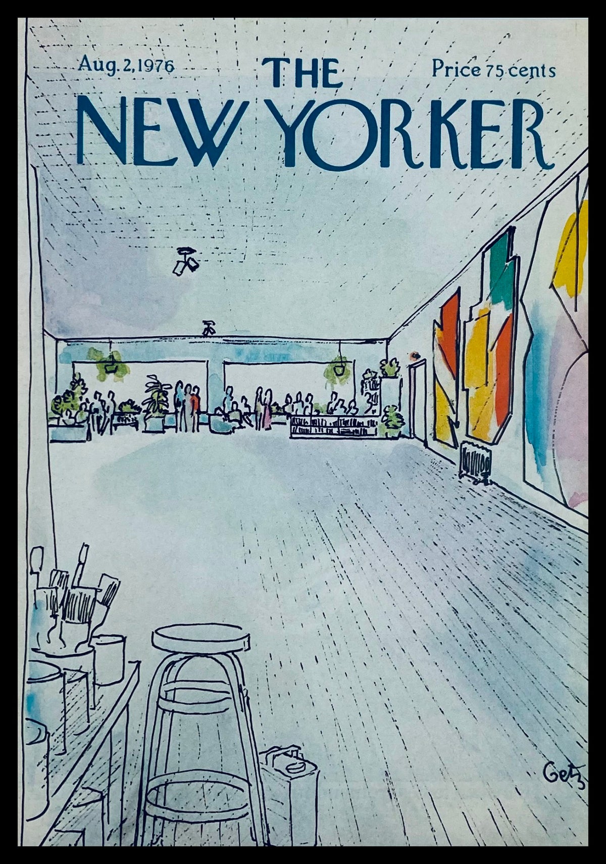 COVER ONLY The New Yorker August 2 1976 featuring a colorful Art Gallery scene by Arthur Getz, showcasing a vibrant exhibition space with people and artwork.