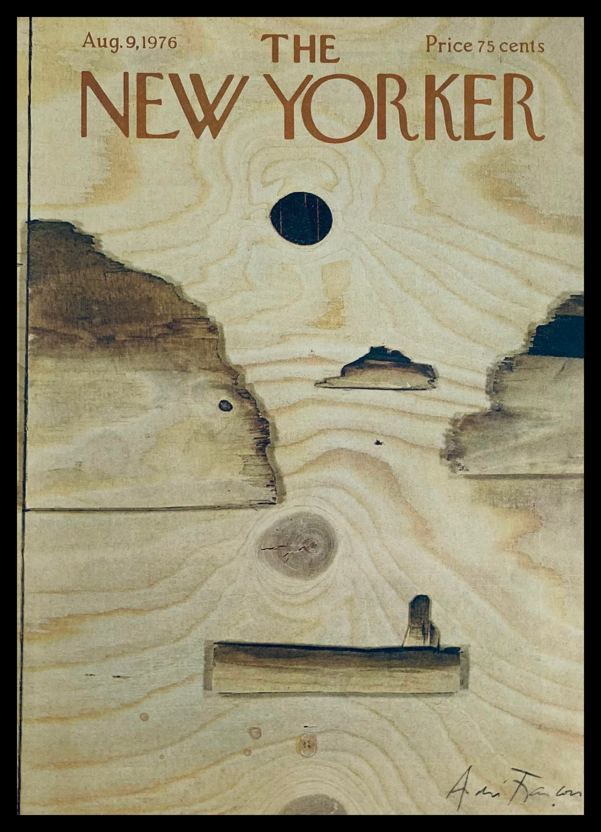 Cover of The New Yorker from August 9, 1976 titled 'Log Holes' by Andrei Francois, showcasing artistic depiction of nature with wooden textures and subtle landscape elements.