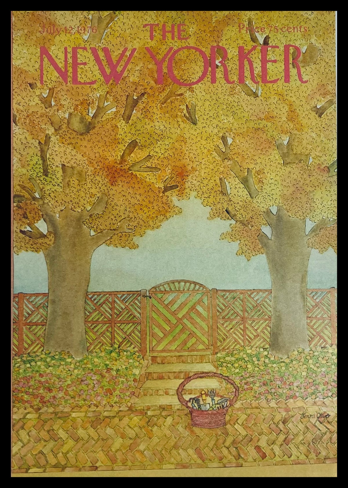 Cover of The New Yorker July 12 1976 featuring 'Autumn Basket' by Jenni Oliver, showcasing vibrant autumn trees and a picturesque garden scene.
