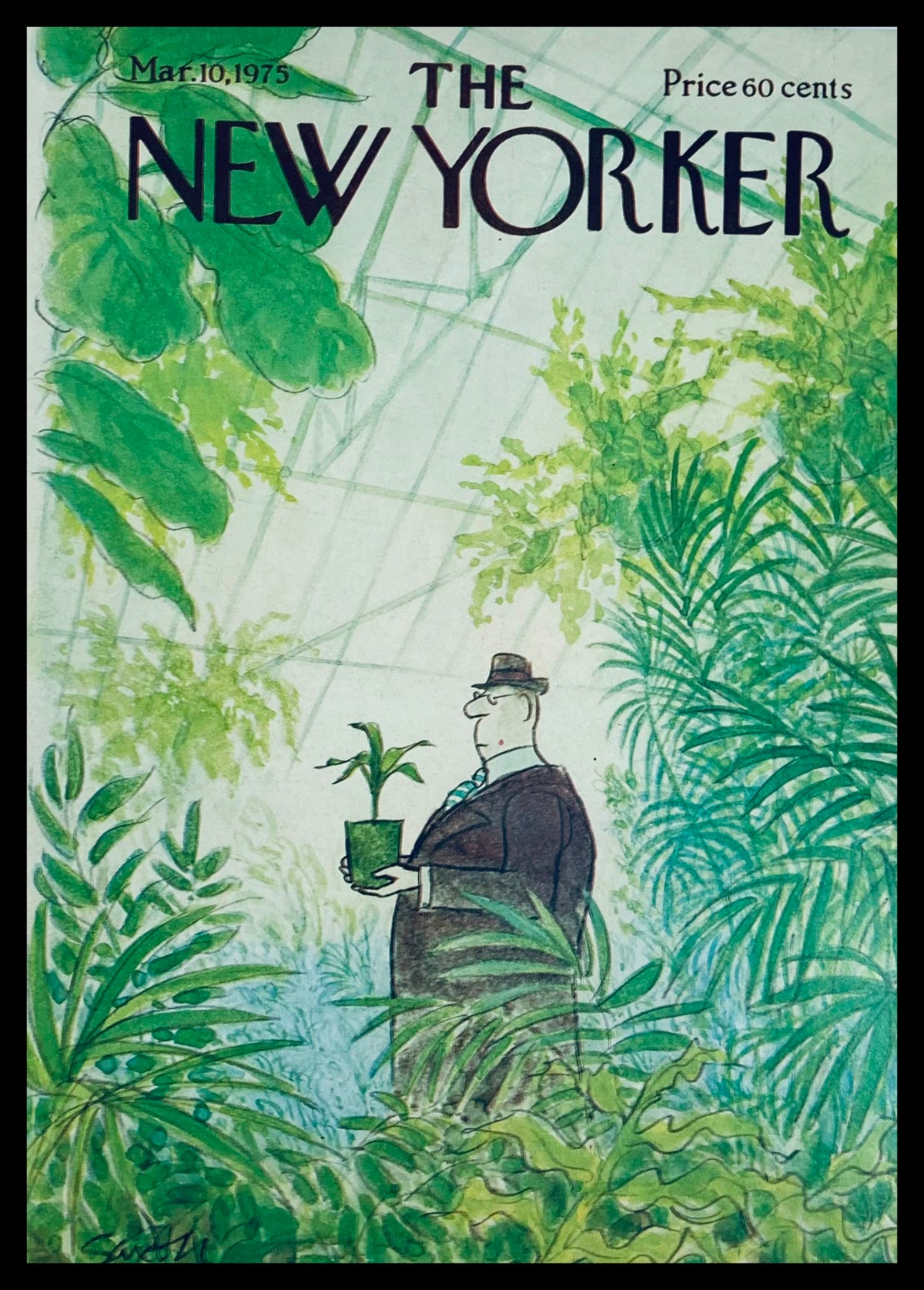 The New Yorker Cover March 10 1975 showcasing an illustration by Charles Saxon featuring a man in a suit holding a plant in a lush greenhouse filled with tropical foliage.