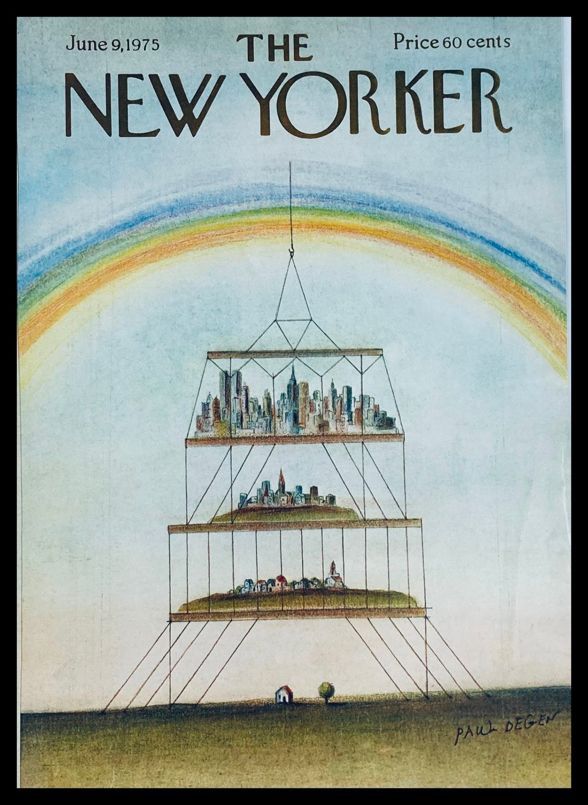 Cover of The New Yorker dated June 9, 1975, illustrating Paul Degen's artwork titled The Dependencies, featuring layered landscapes of cities and homes under a colorful rainbow.