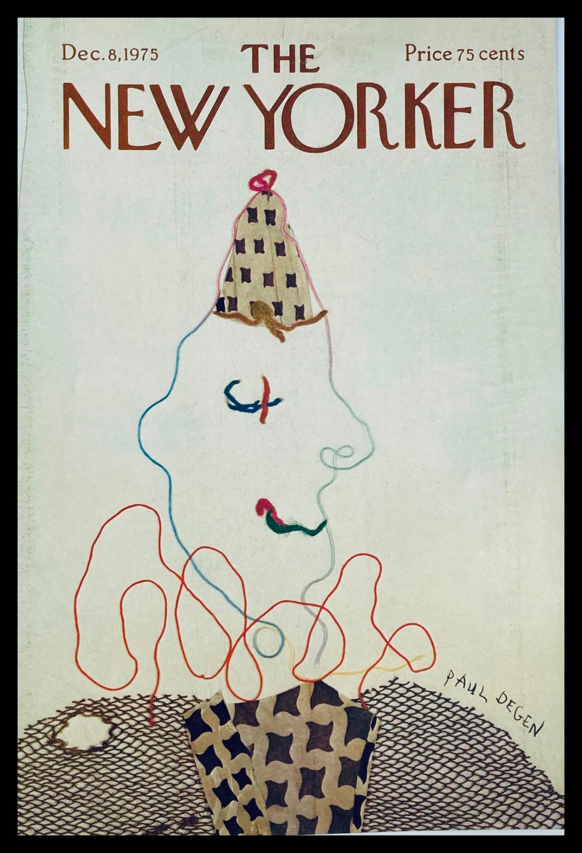 The New Yorker December 8 1975 cover featuring a whimsical clown portrait by Paul Degen, showcasing a unique artistic style with colorful lines and patterns.