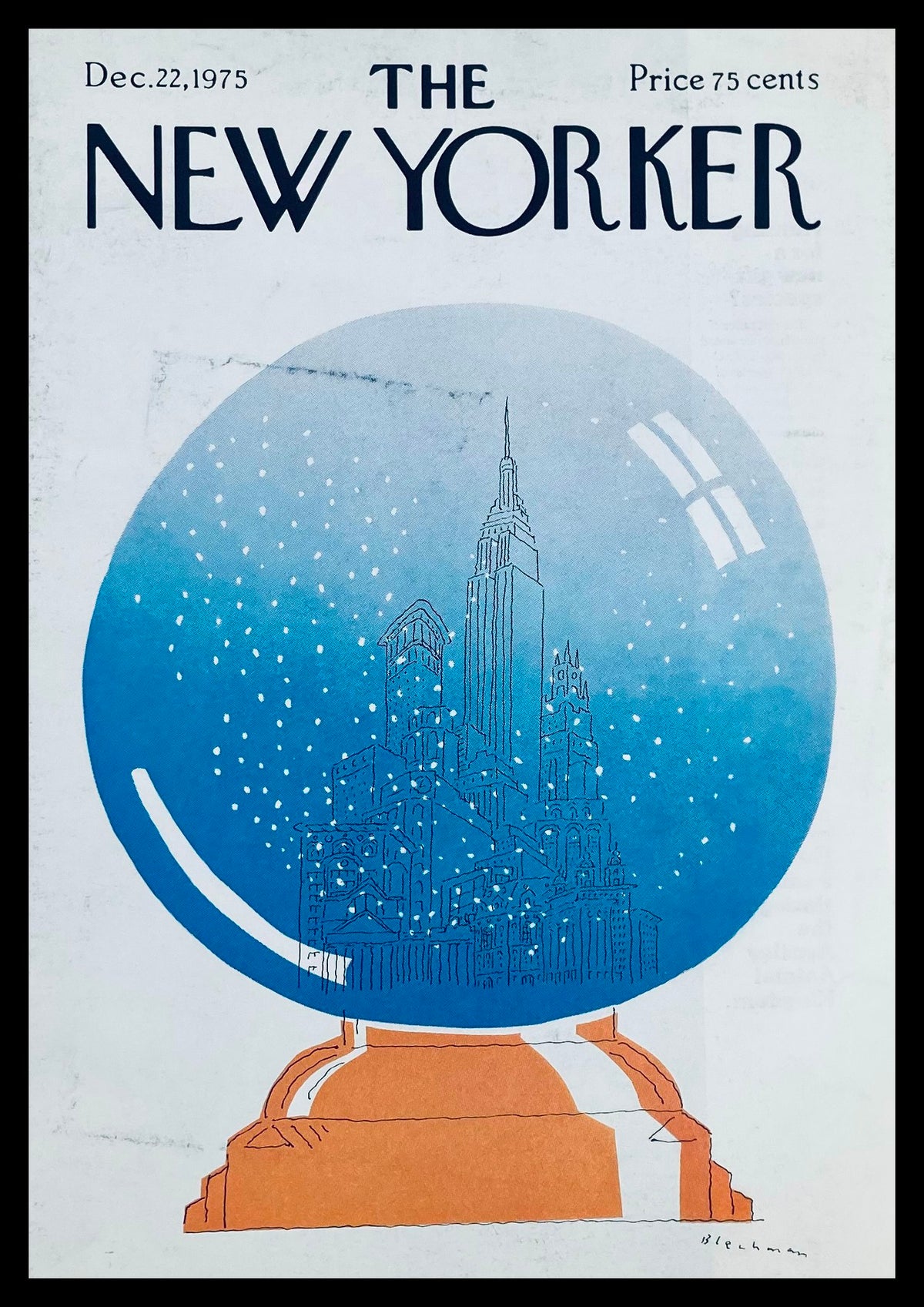 COVER ONLY The New Yorker December 22 1975 Snowglobe by RO Blechman. The magazine cover features a snow globe design showcasing a winter cityscape with snowflakes and the Empire State Building, reflecting the holiday spirit.