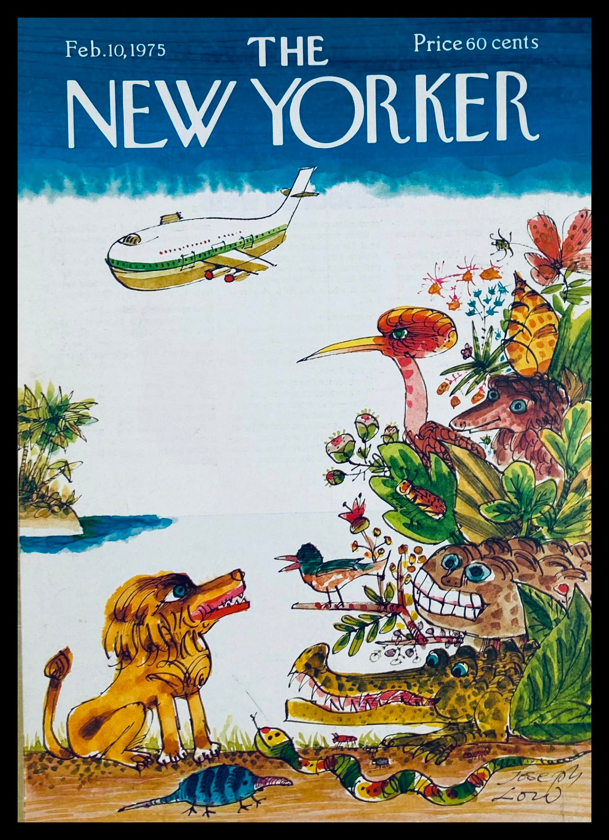COVER ONLY The New Yorker February 10 1975 King of Jungle by Joseph Low, featuring a colorful illustration of a lion, exotic birds, and various creatures surrounded by lush greenery, depicting the theme of nature and humor.