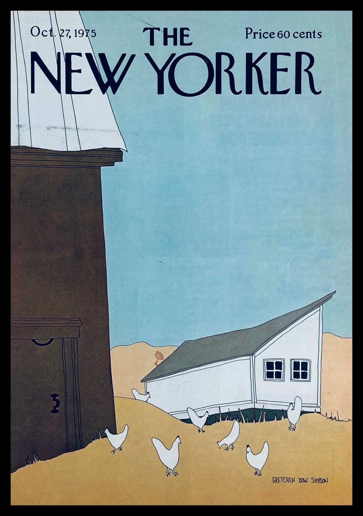 The New Yorker October 27 1975 Farm House cover featuring an illustration of a rural scene with a farmhouse and chickens, by artist Gretchen Dow Simpson.