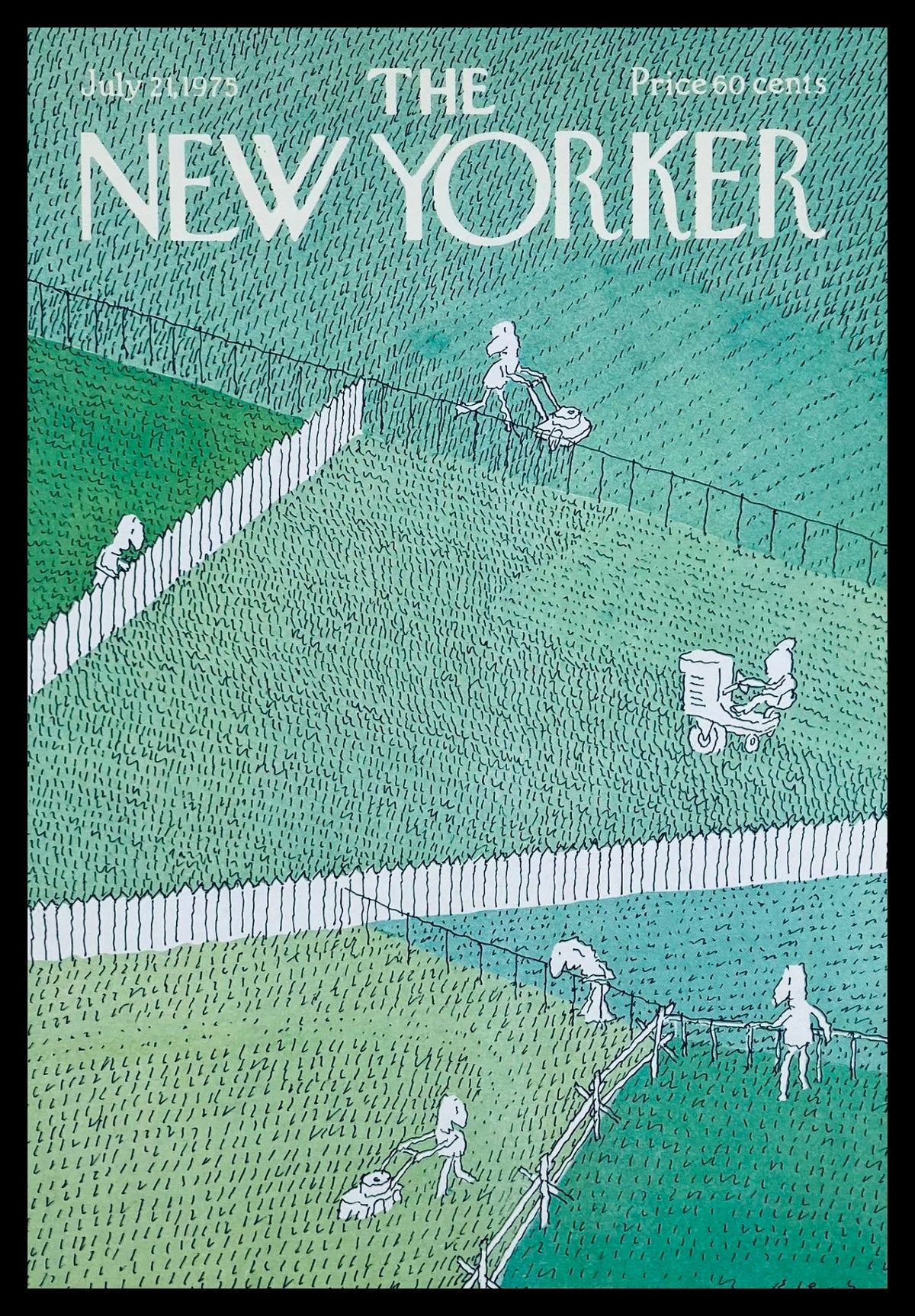 Cover art of The New Yorker magazine dated July 21, 1975, titled 'Neighbor Yards' by RO Blechman, featuring whimsical illustrations of suburban life and characters mowing lawns.